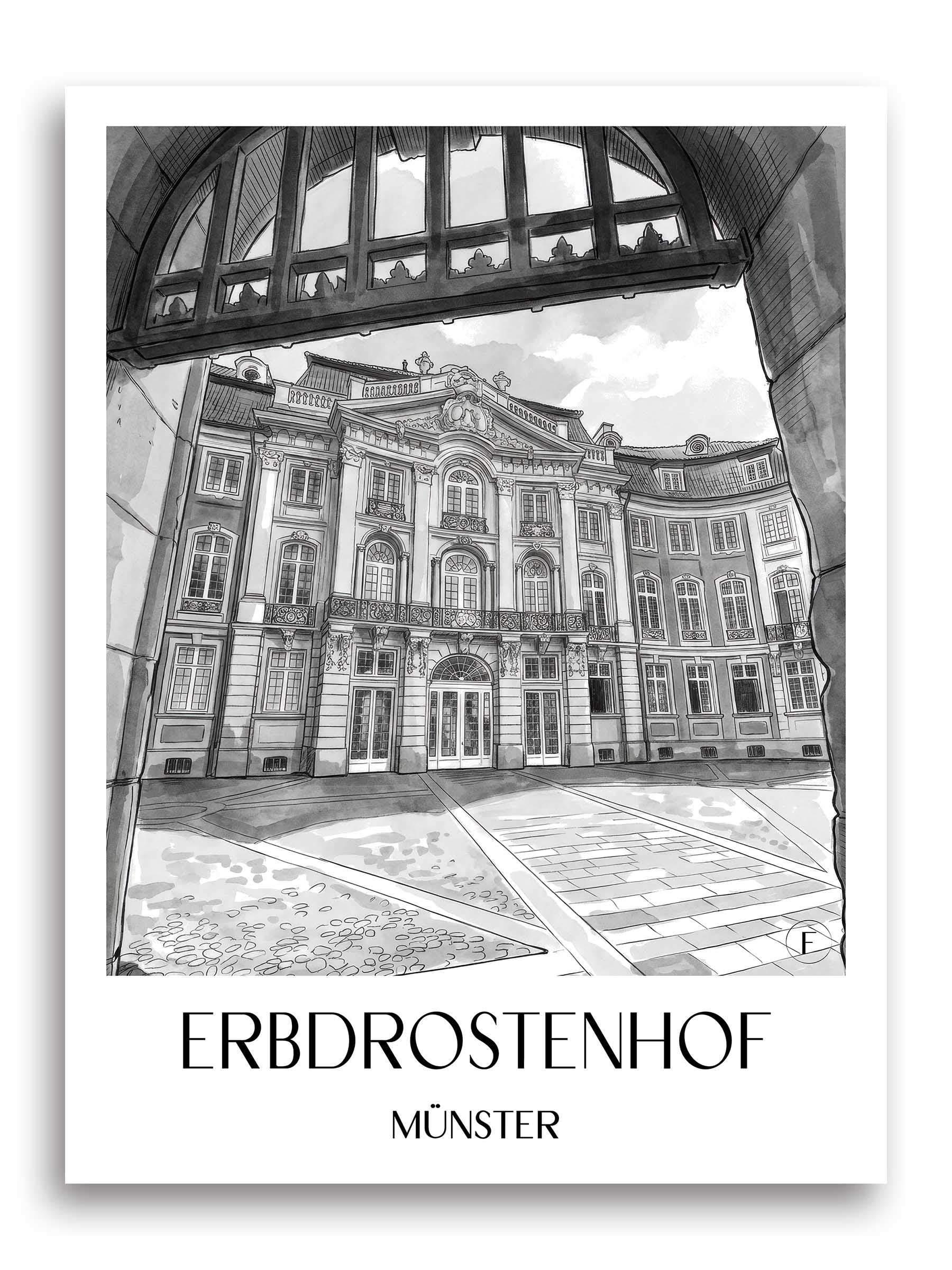 erbdrostenhof-münster-deutschland-poster-aquarell-schwarz-weiss