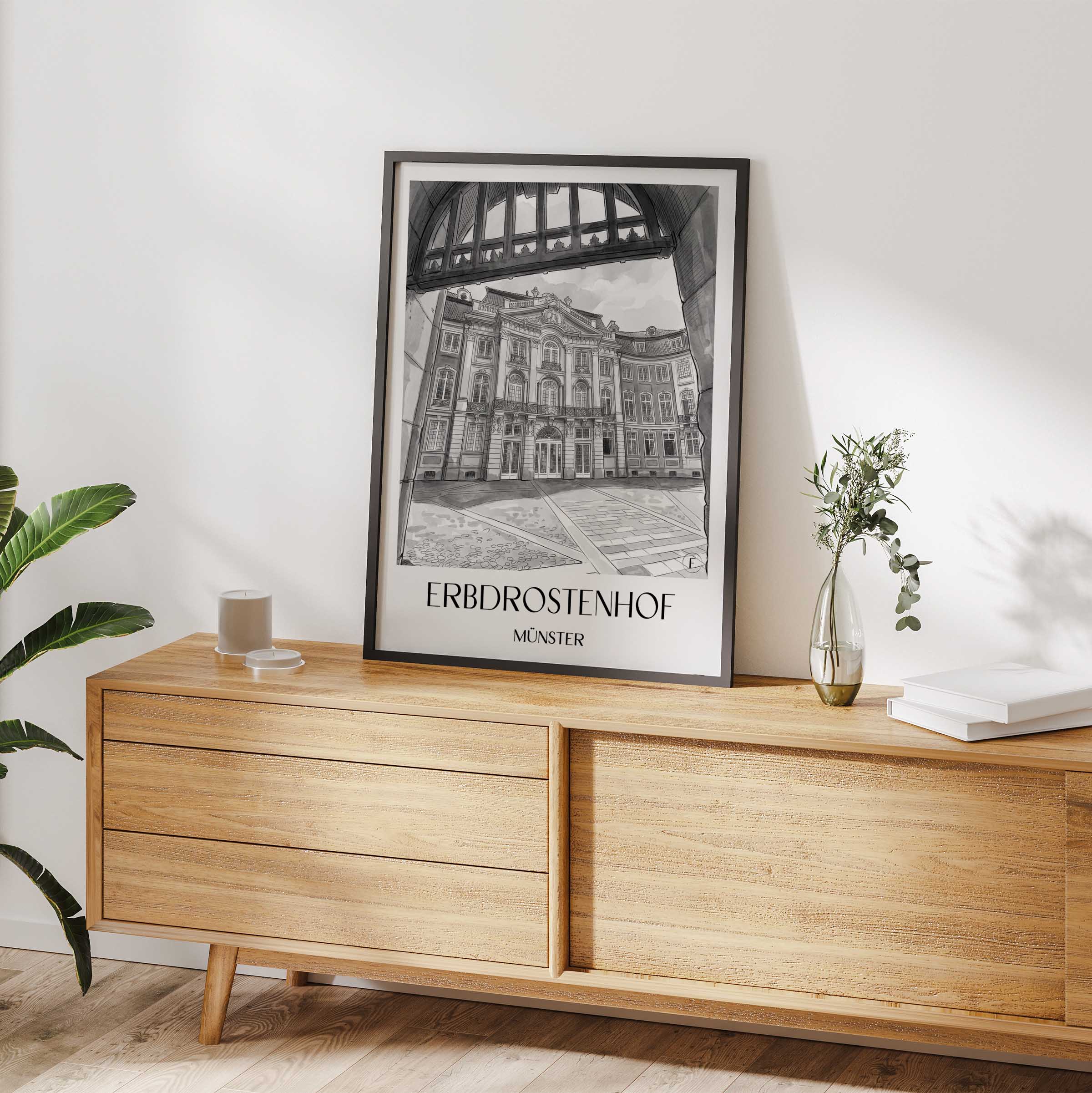 erbdrostenhof-münster-deutschland-poster-aquarell-schwarz-weiss