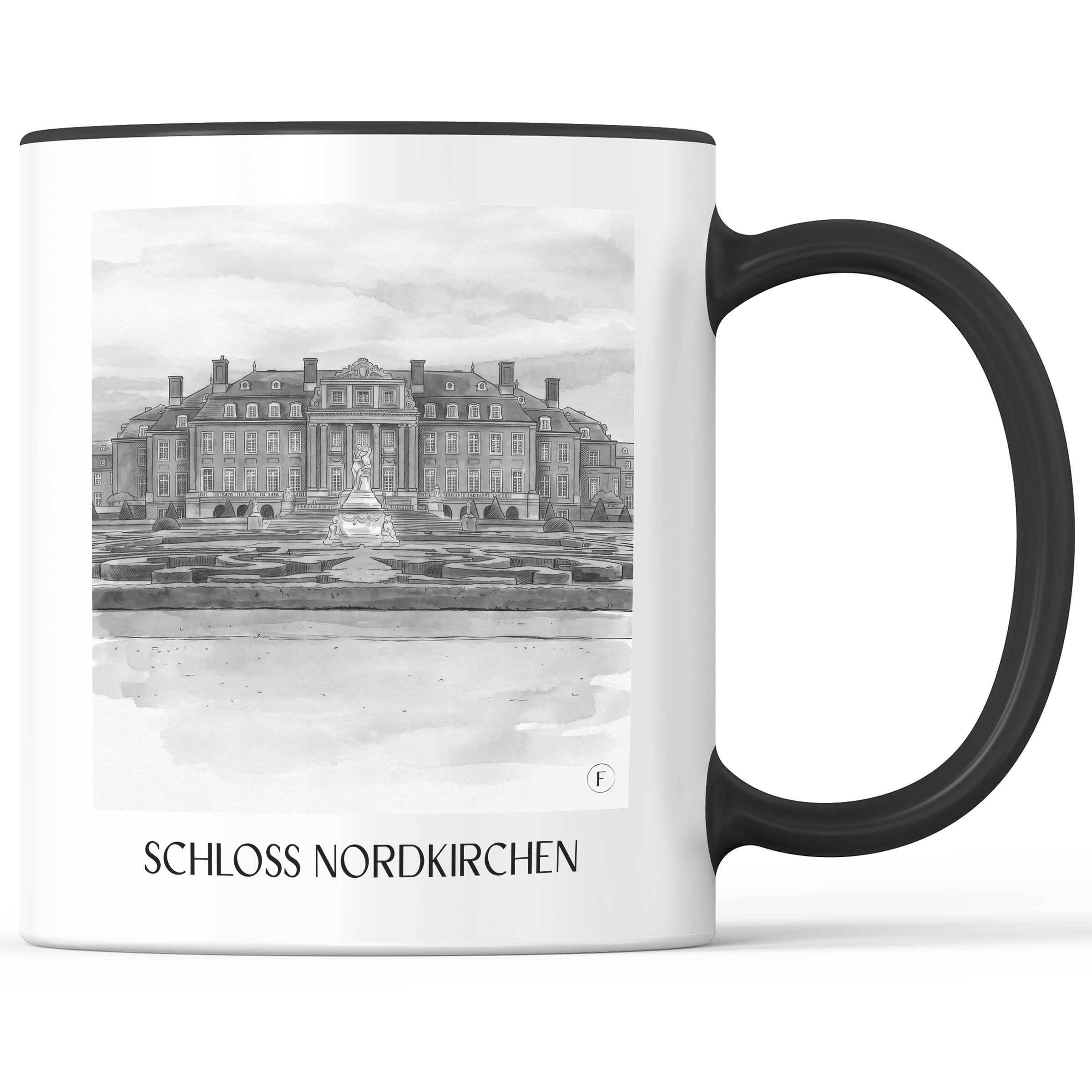 schloss-nordkirchen-münsterland-deutschland-kaffeebecher-aquarell-schwarz-weiss