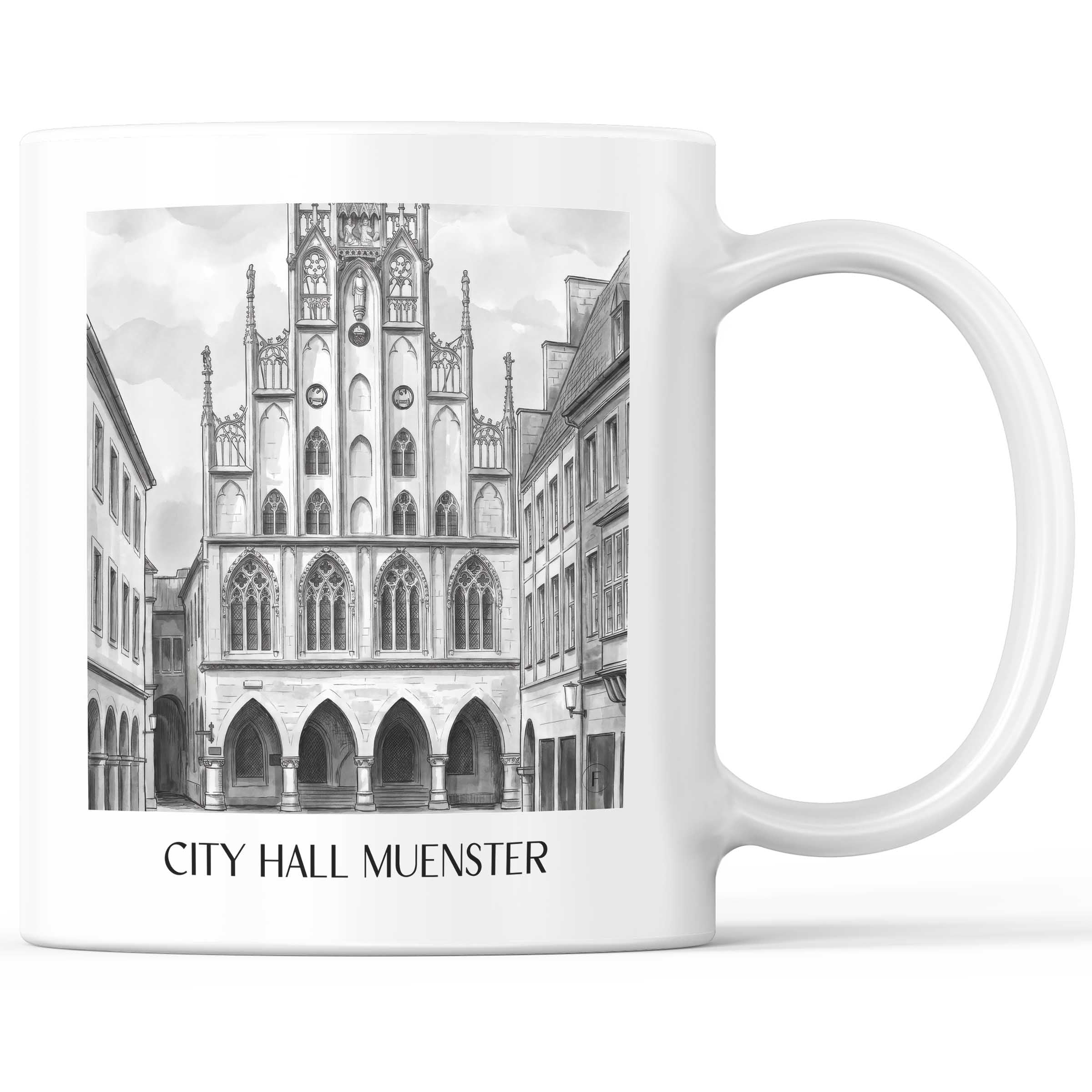 Rathaus Kaffeebecher - Münster - Deutschland Becher - Kaffeetasse im Aquarell Schwarz-Weiß Stil