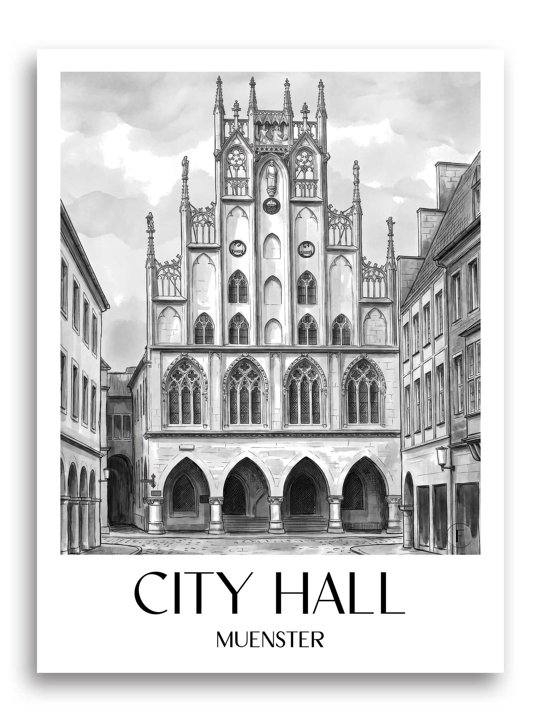 Rathaus Poster - Münster - Deutschland Kunstdruck - Aquarell Schwarz-Weiß von A4 bis A1