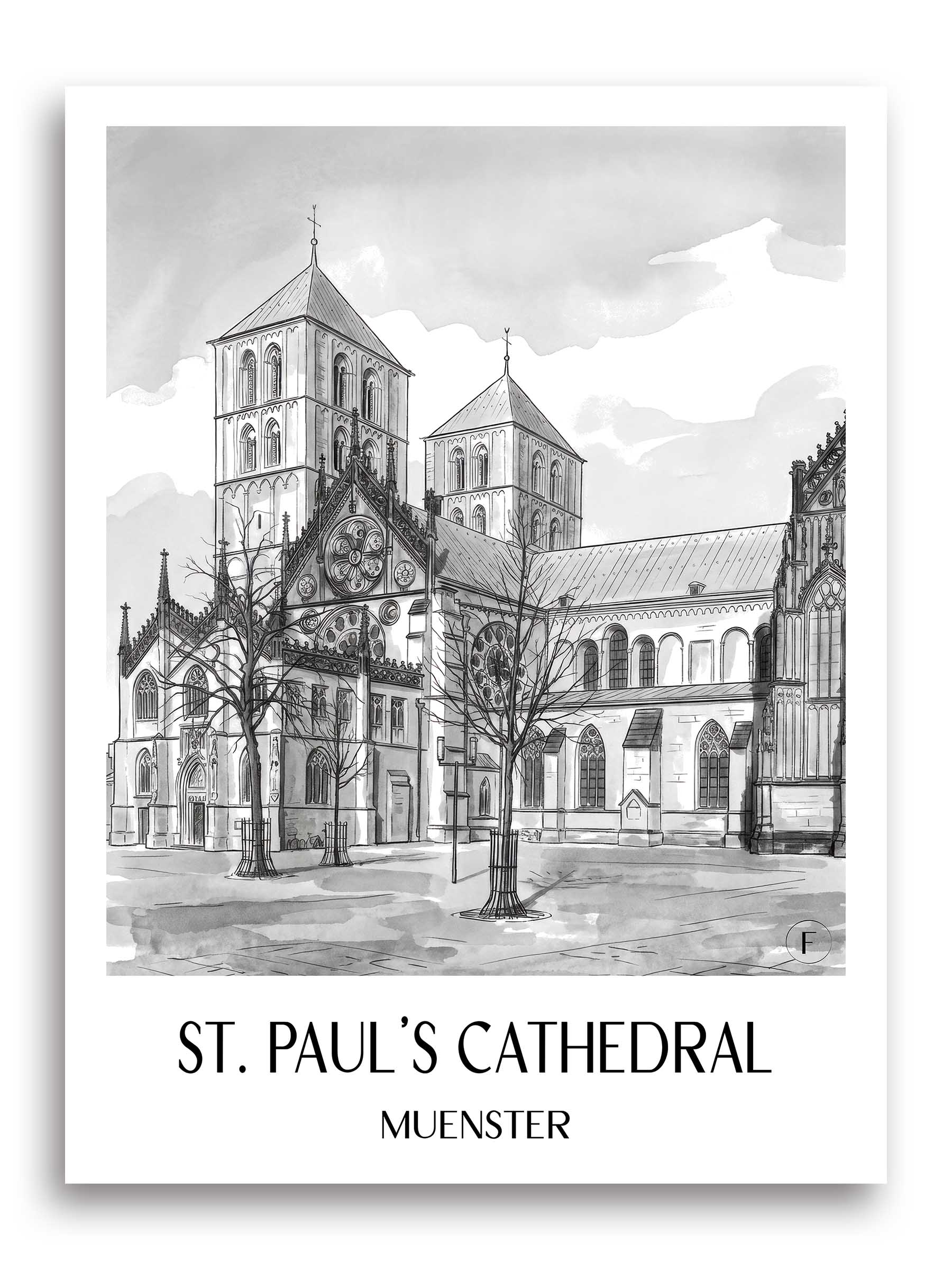 St. Paulus Dom Poster - Münster - Deutschland Kunstdruck - Aquarell Schwarz-Weiß von A4 bis A1