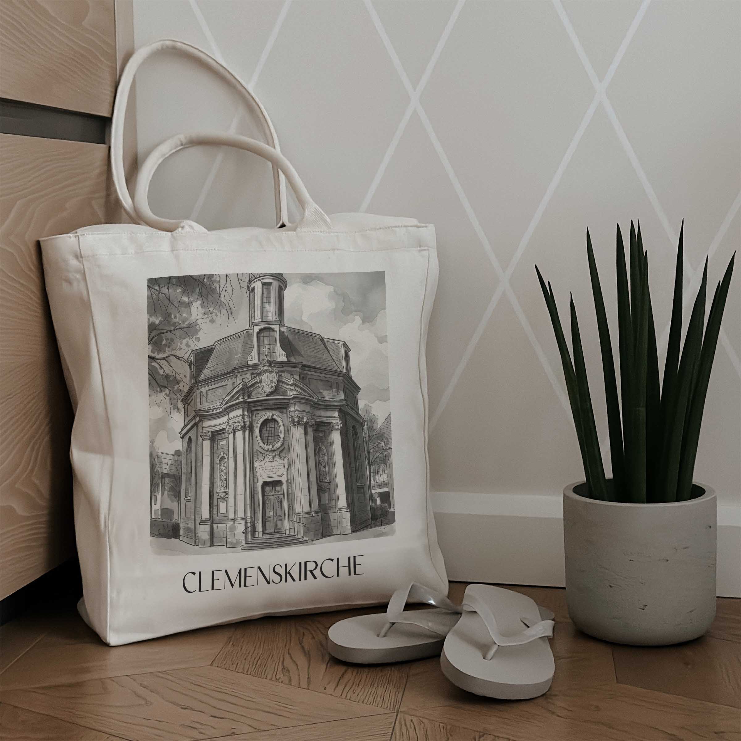 clemenskirche-münster-deutschland-einkaufstasche-aquarell-schwarz-weiss