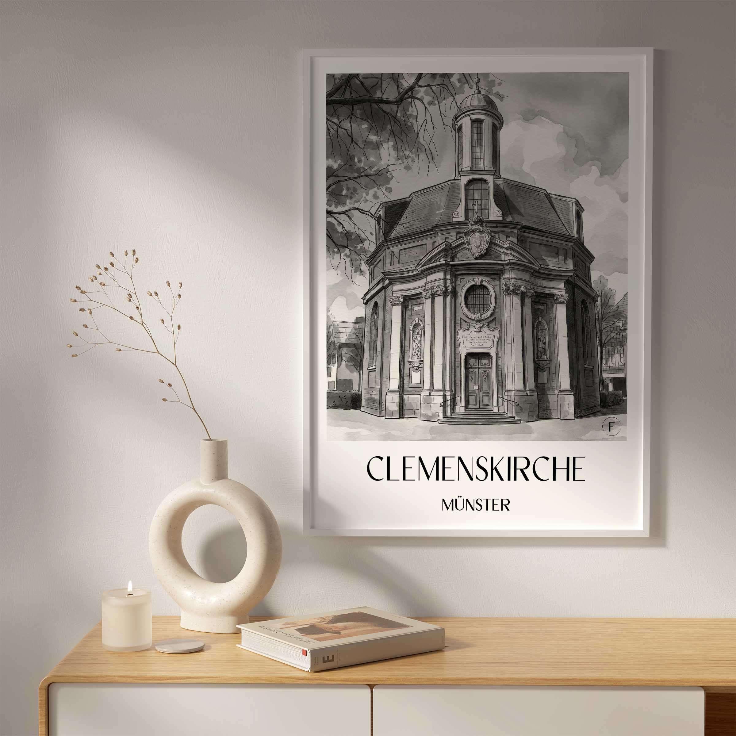 clemenskirche-münster-deutschland-poster-aquarell-schwarz-weiss