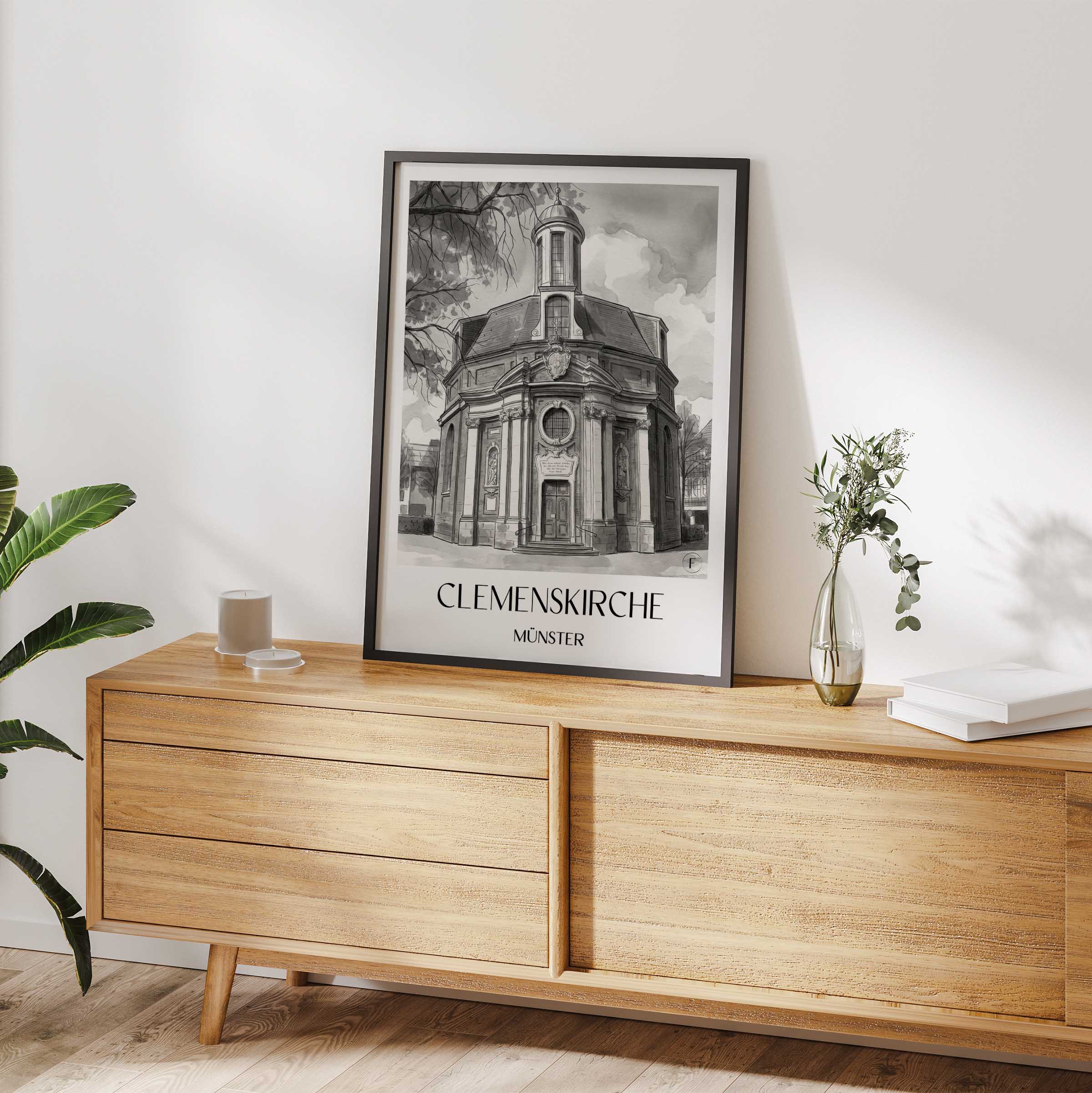 clemenskirche-münster-deutschland-poster-aquarell-schwarz-weiss