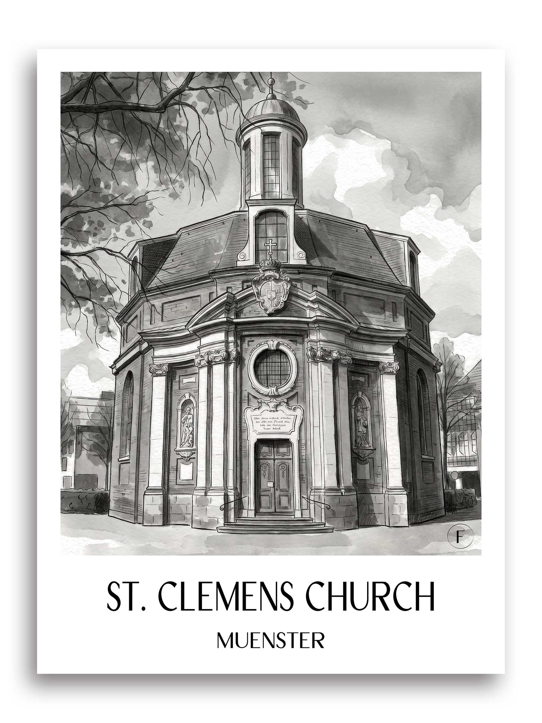 Clemenskirche Poster - Münster - Deutschland Kunstdruck - Aquarell Schwarz-Weiß von A4 bis A1