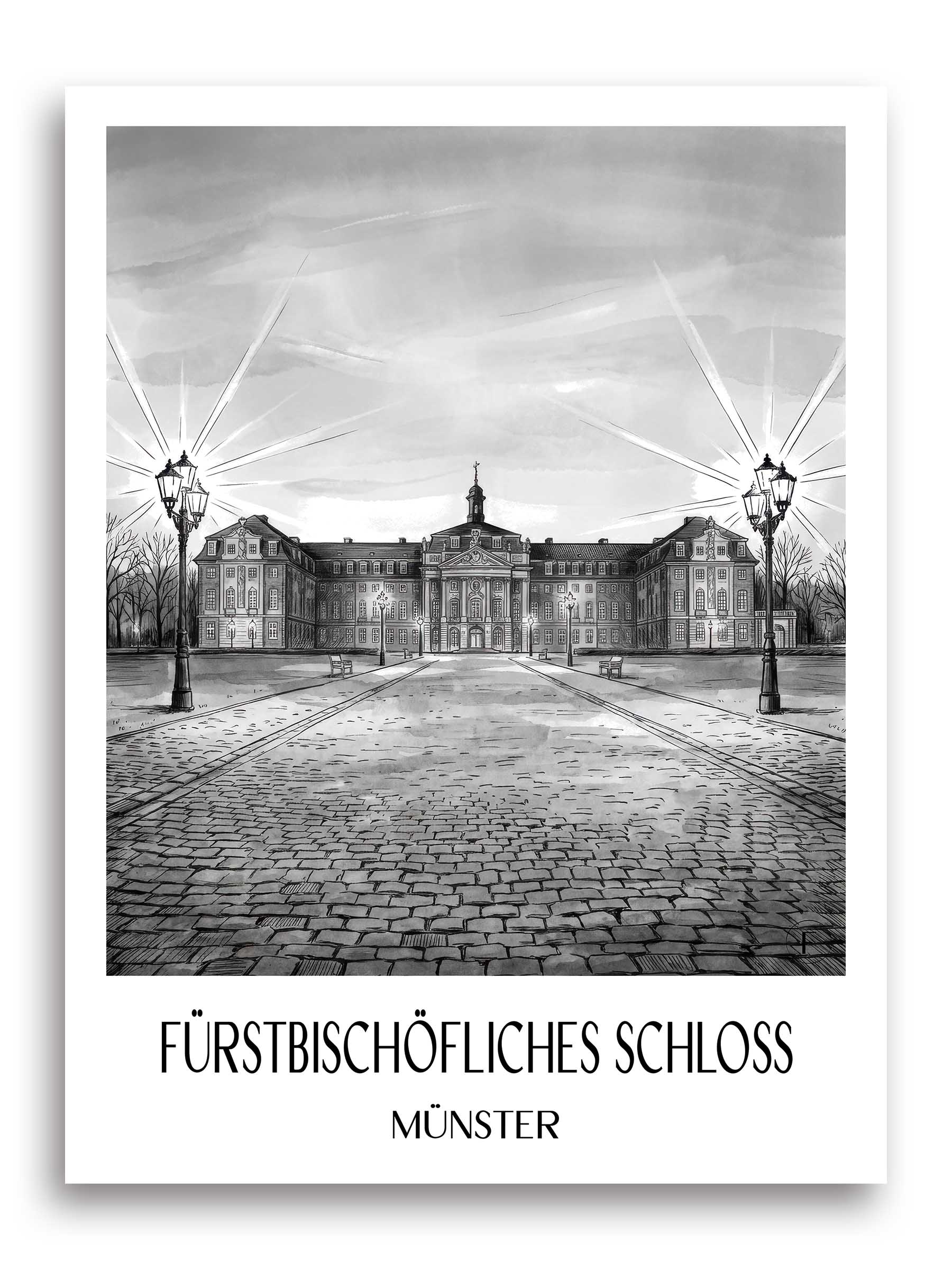 fürstbischöfliches-schloss-münster-deutschland-poster-aquarell-schwarz-weiss