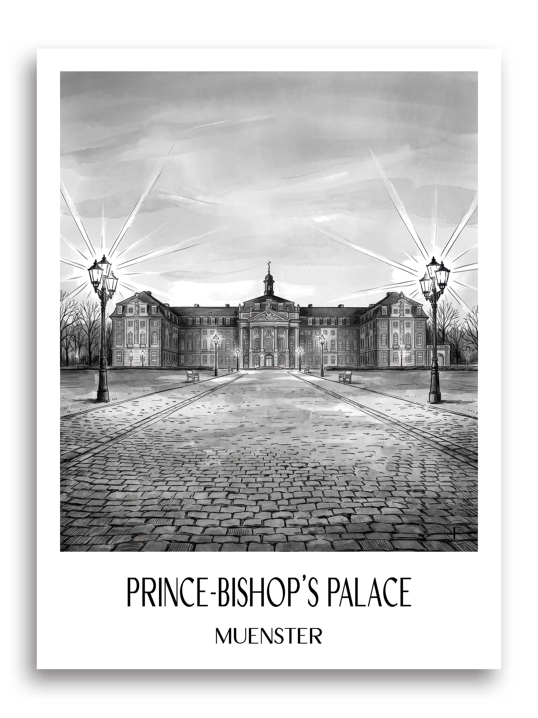 Fürstbischöfliches Schloss Poster - Münster - Deutschland Kunstdruck - Aquarell Schwarz-Weiß von A4 bis A1