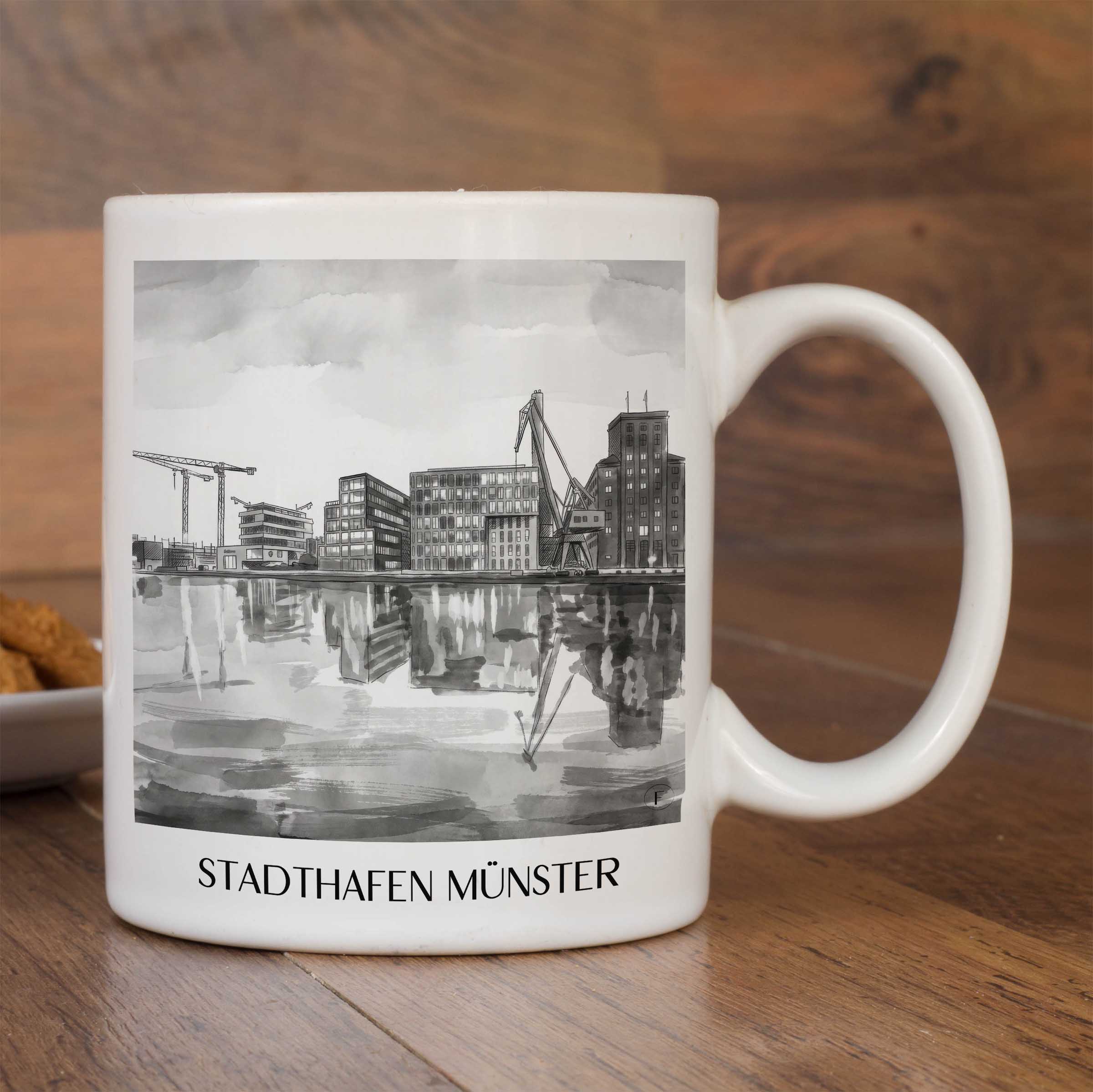 stadthafen-münster-deutschland-kaffeebecher-aquarell-schwarz-weiss