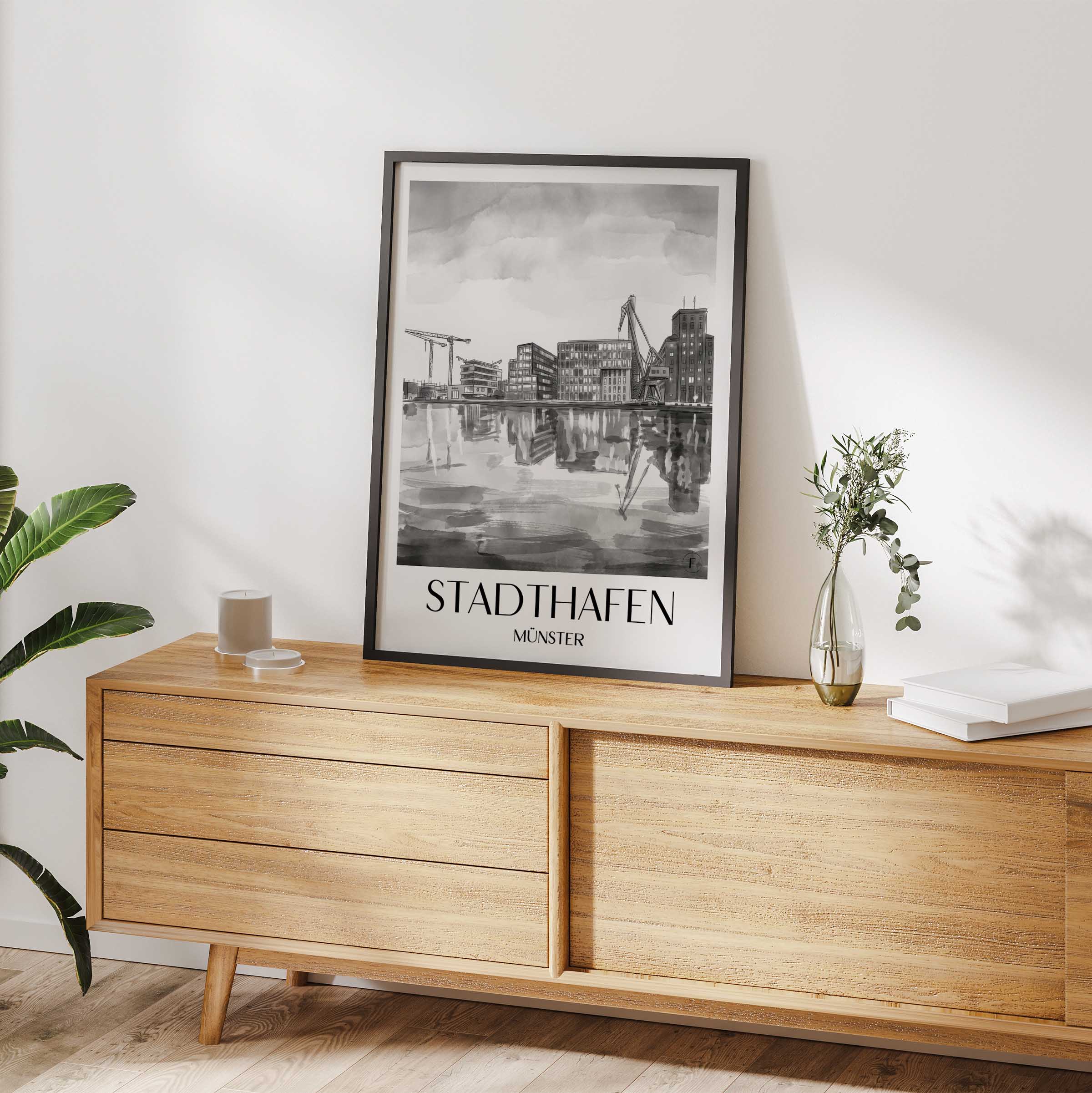 stadthafen-münster-deutschland-poster-aquarell-schwarz-weiss