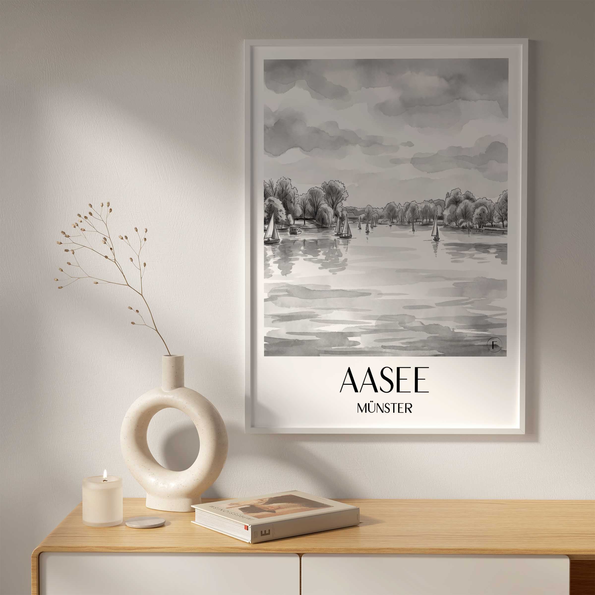 aasee-münster-deutschland-poster-aquarell-schwarz-weiss
