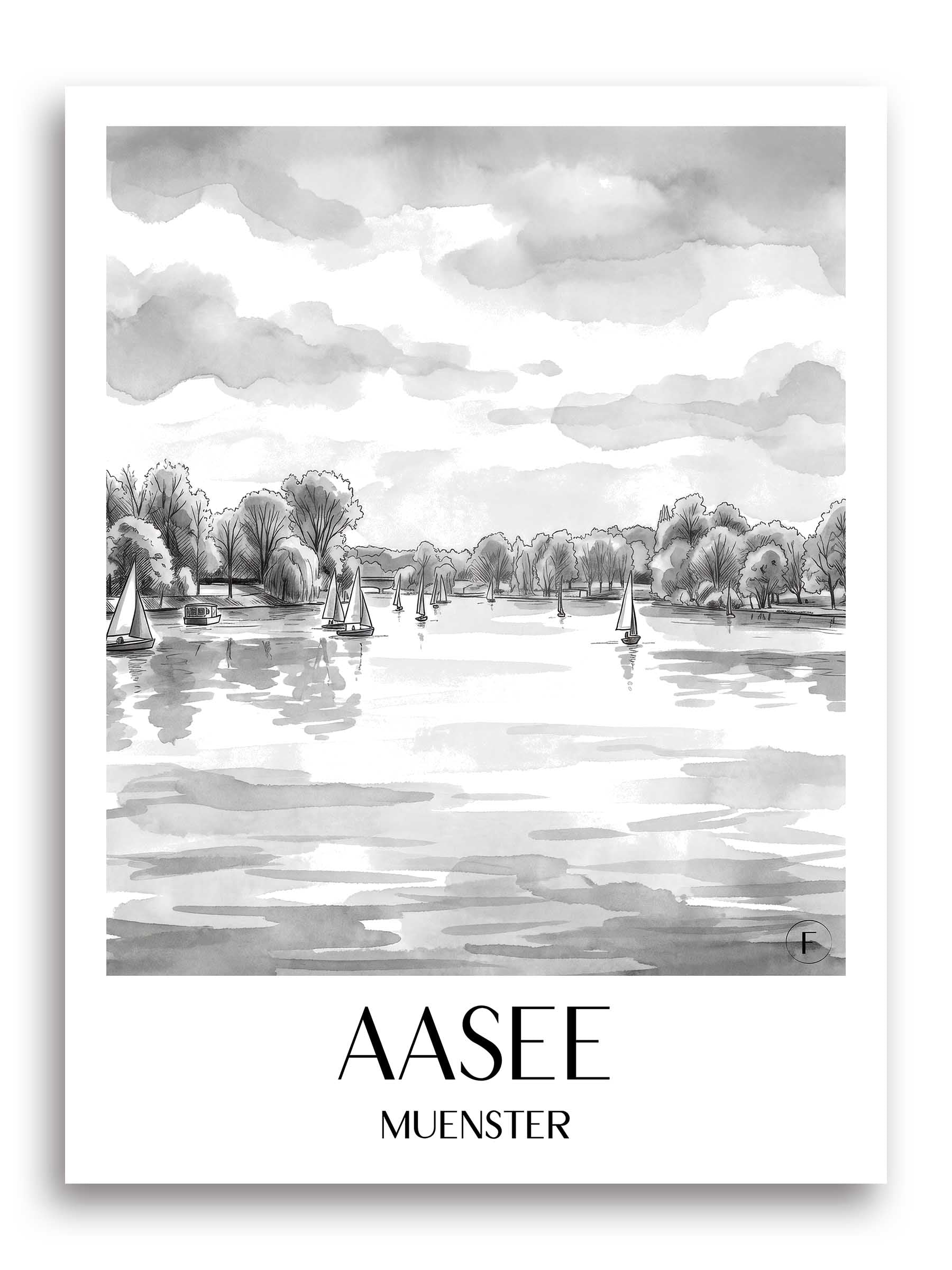 Aasee Poster - Münster - Deutschland Kunstdruck - Aquarell Schwarz-Weiß von A4 bis A1