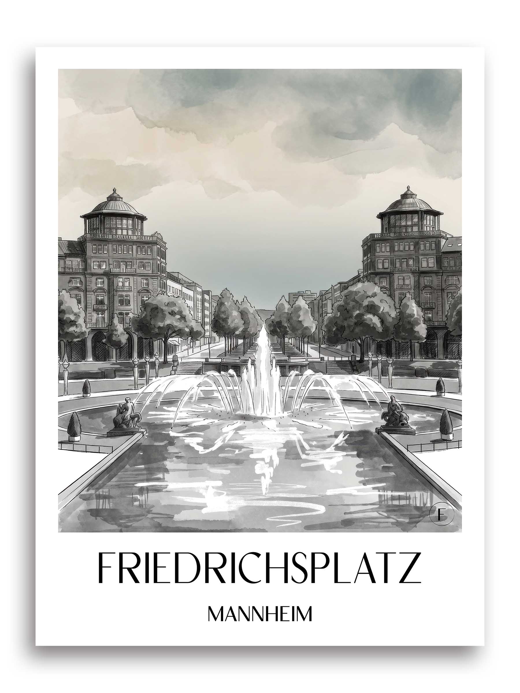 Friedrichsplatz Poster - Mannheim - Deutschland Kunstdruck - Aquarell Schwarz-Weiß von A4 bis A1