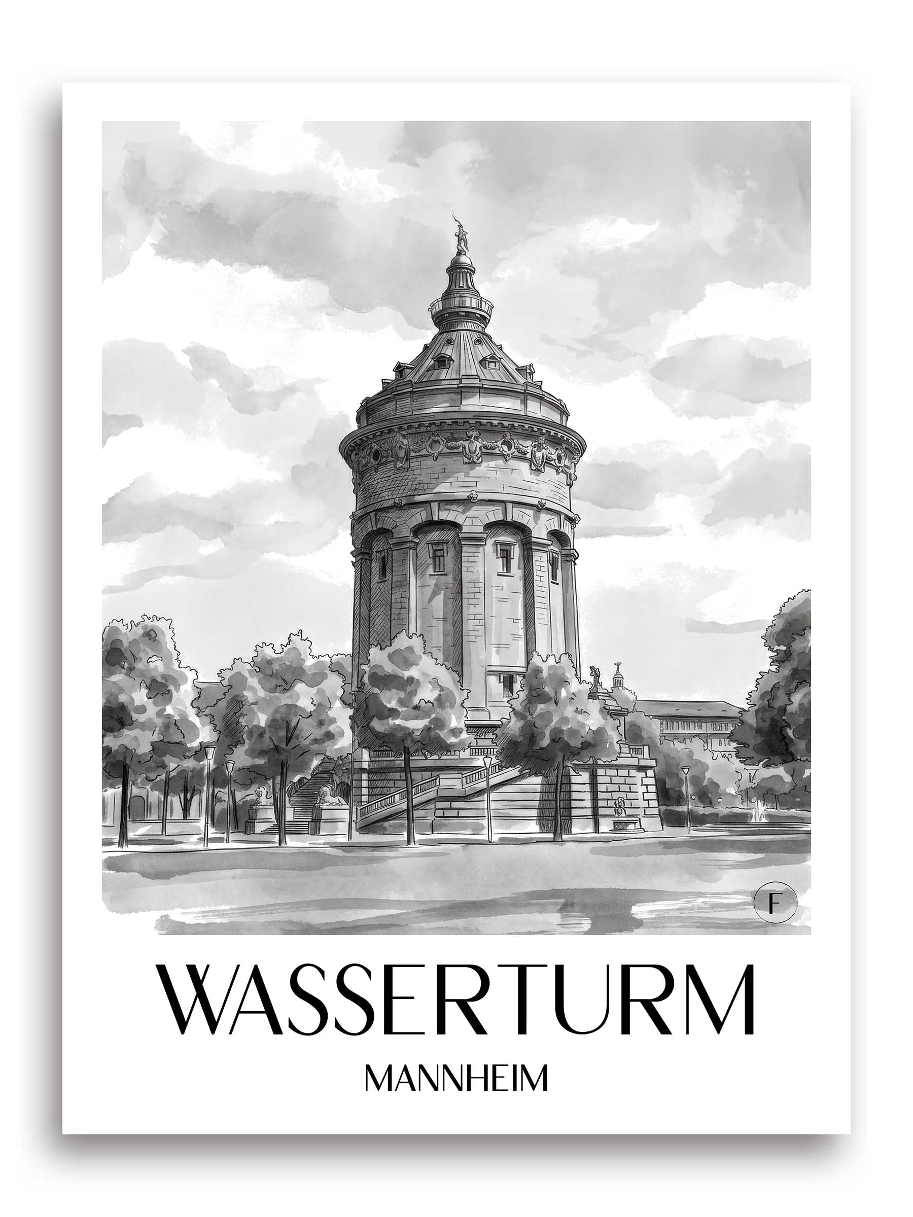 wasserturm-mannheim-deutschland-poster-aquarell-schwarz-weiss