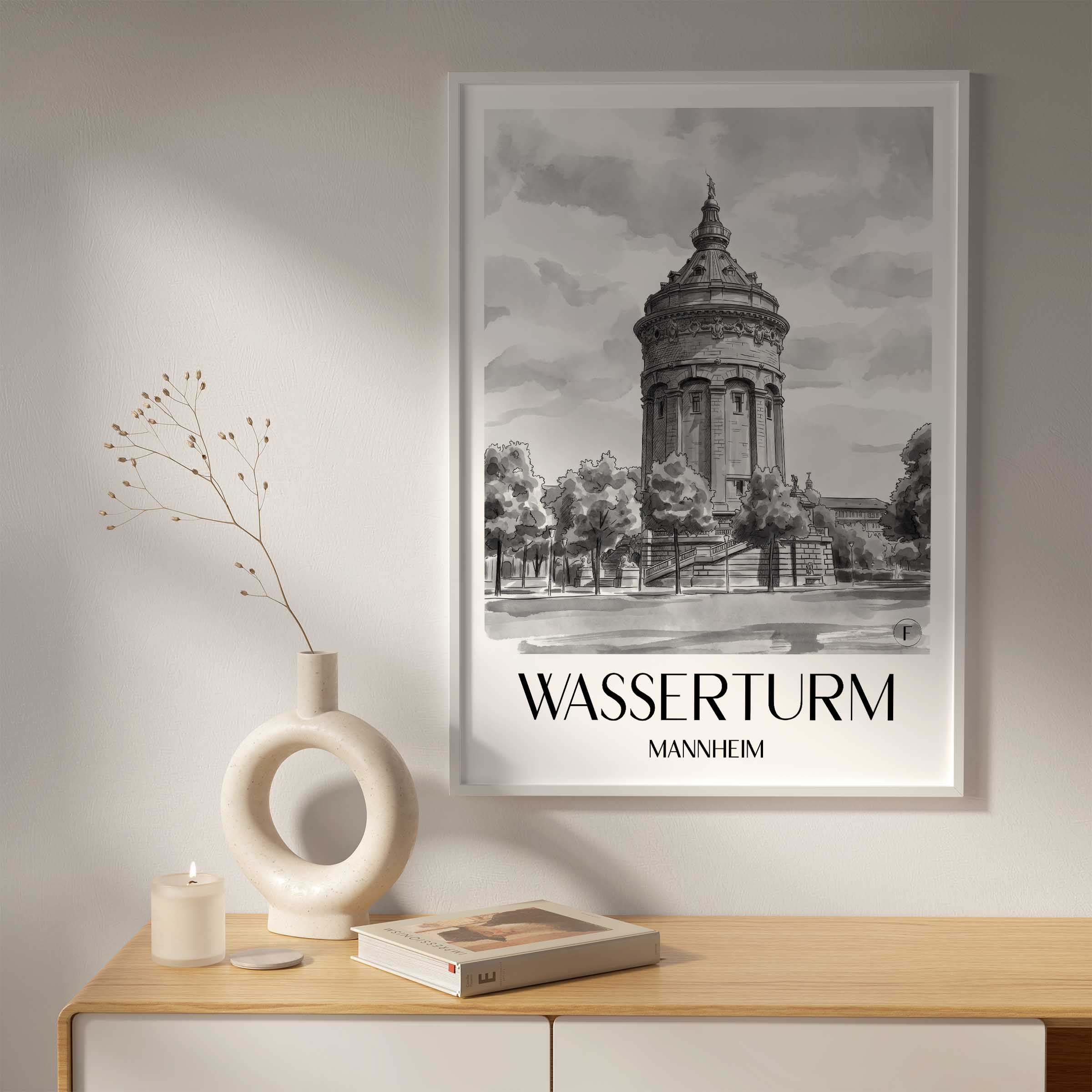 wasserturm-mannheim-deutschland-poster-aquarell-schwarz-weiss