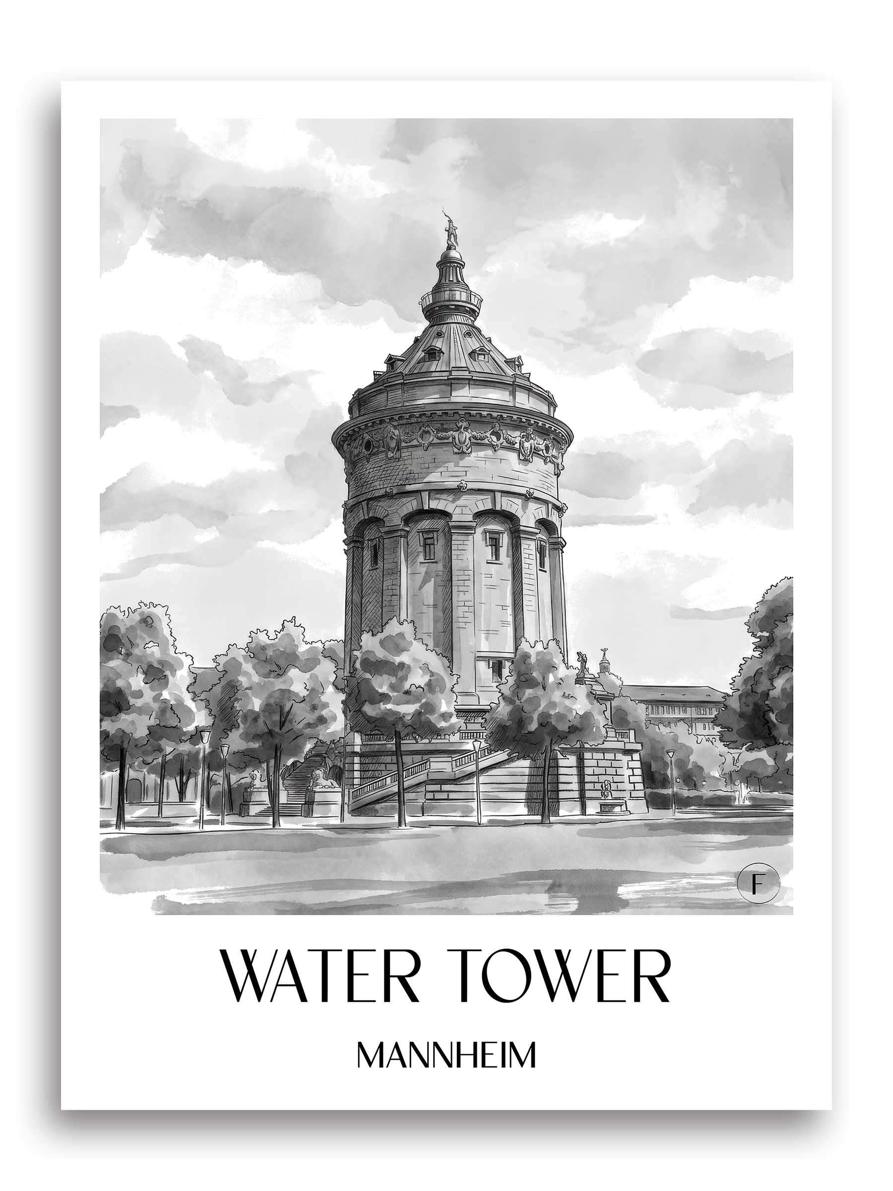 Wasserturm Poster - Mannheim - Deutschland Kunstdruck - Aquarell Schwarz-Weiß von A4 bis A1