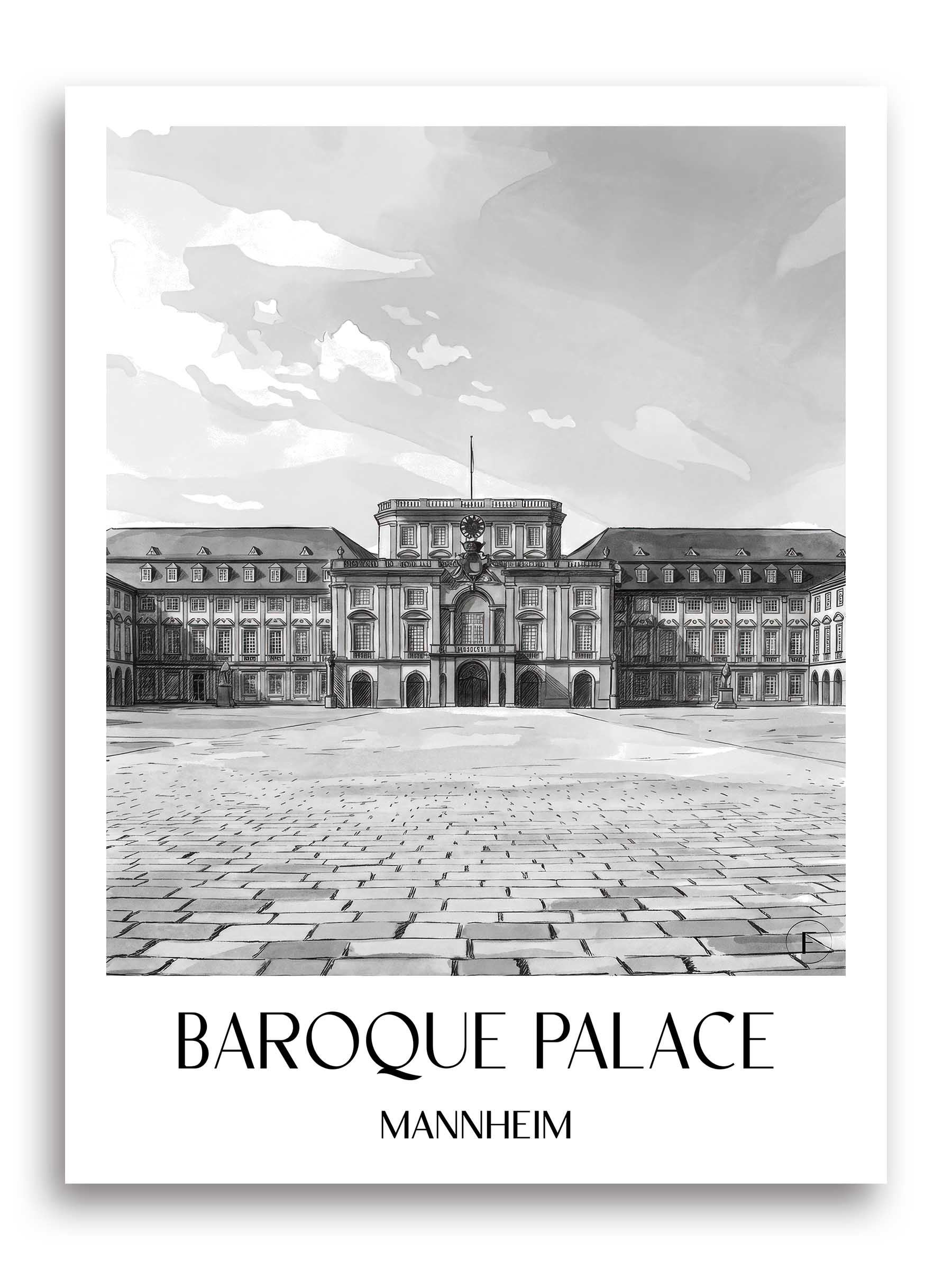 Barockschloss Poster - Mannheim - Deutschland Kunstdruck - Aquarell Schwarz-Weiß von A4 bis A1