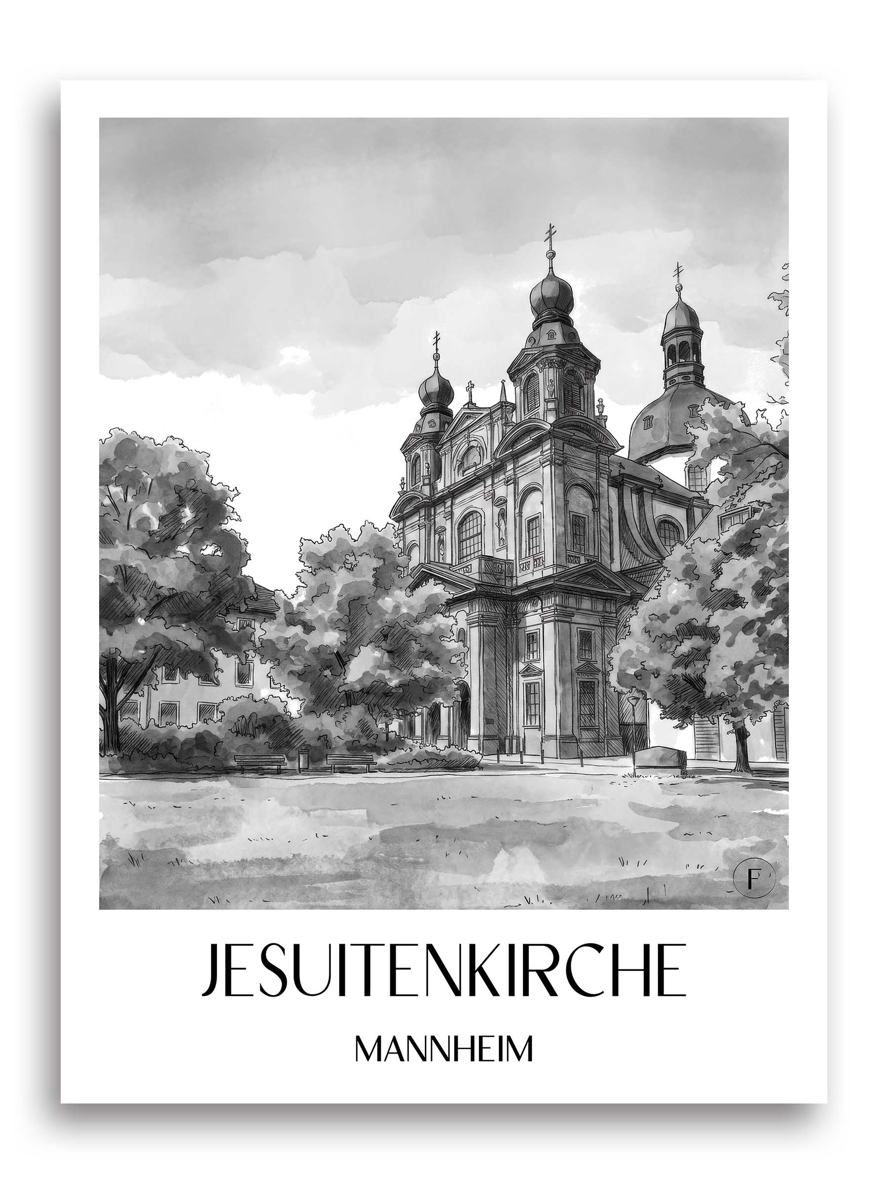 jesuitenkirche-mannheim-deutschland-poster-aquarell-schwarz-weiss
