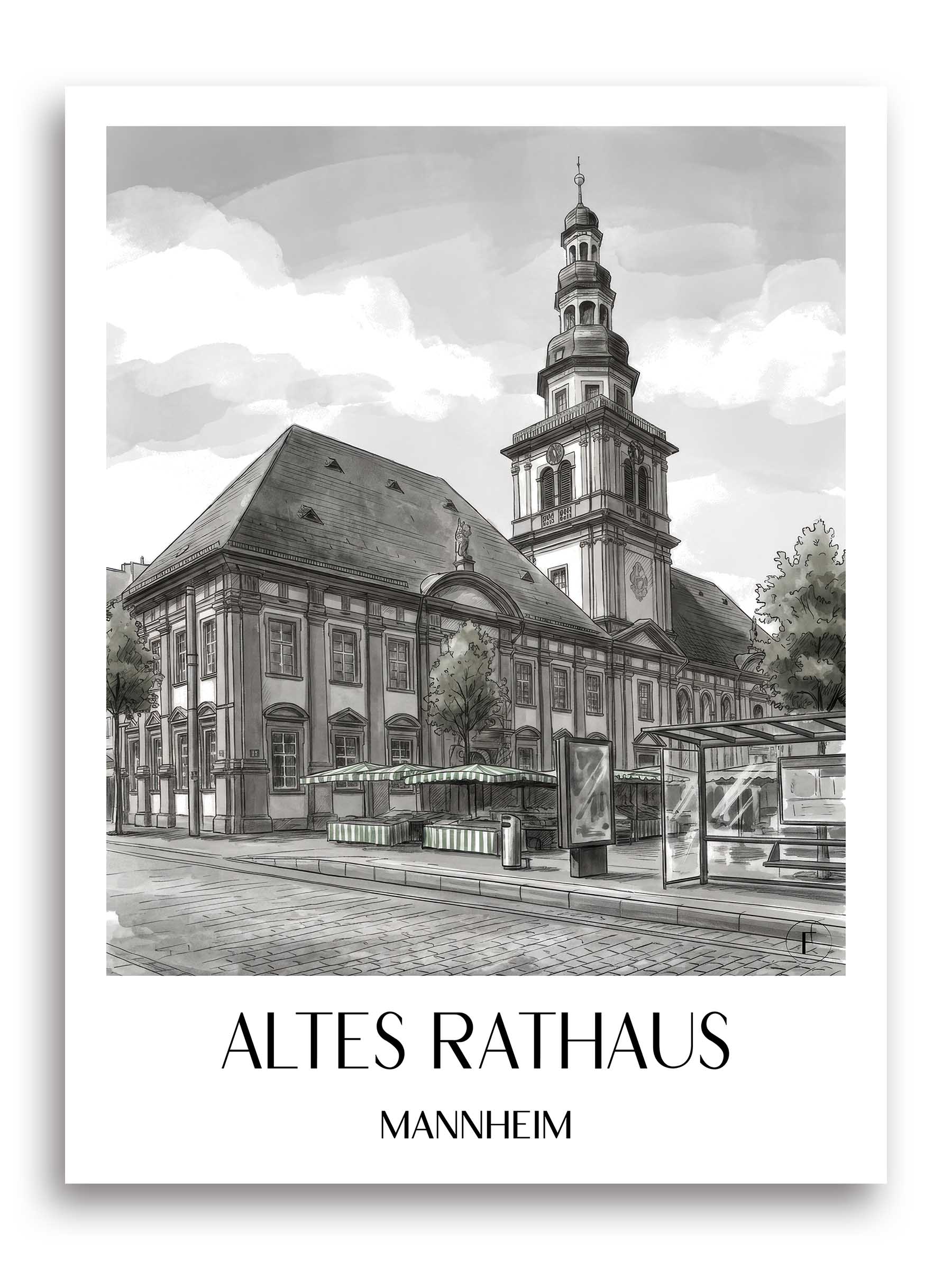 altes-rathaus-mannheim-deutschland-poster-aquarell-schwarz-weiss