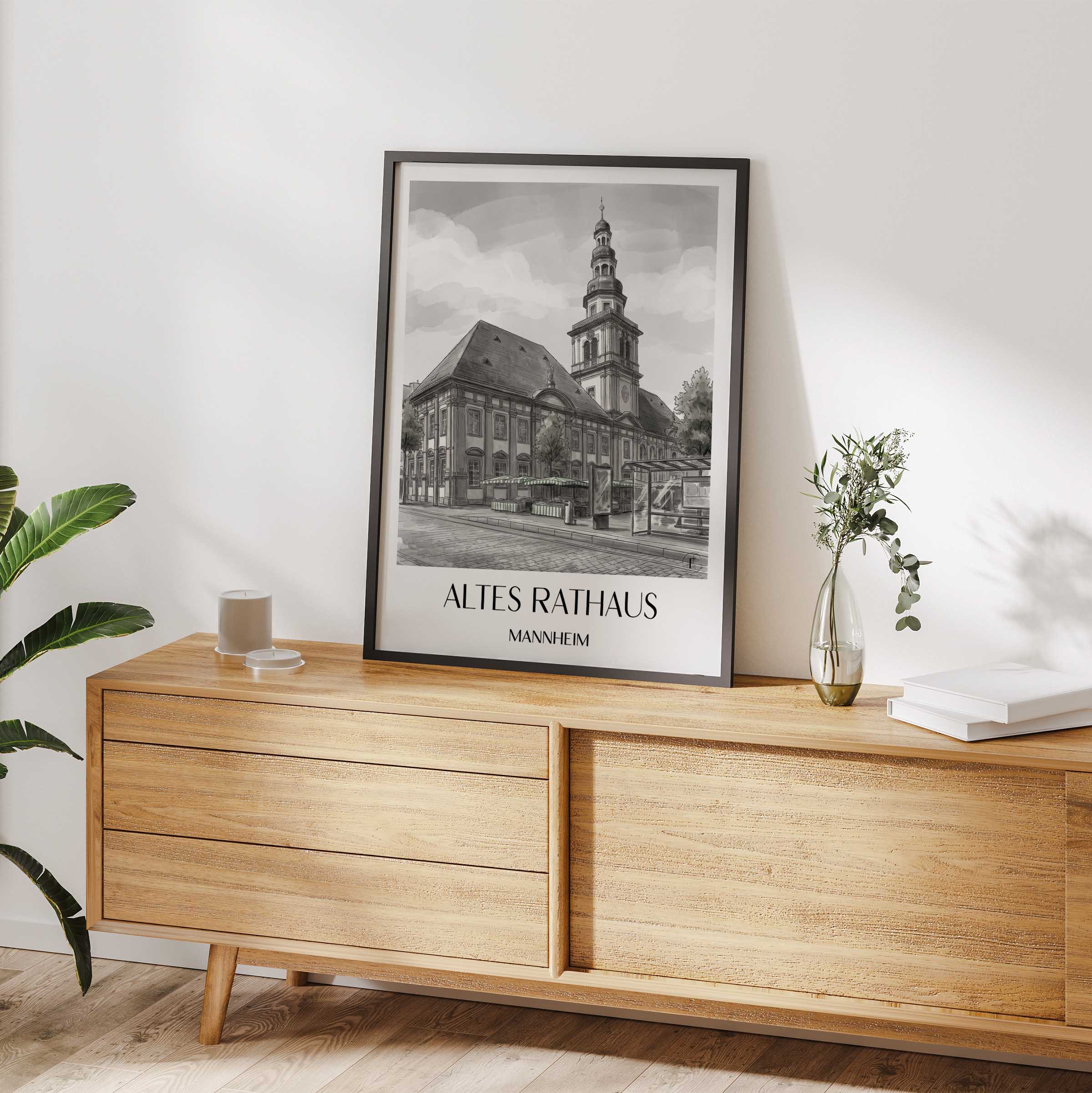 altes-rathaus-mannheim-deutschland-poster-aquarell-schwarz-weiss