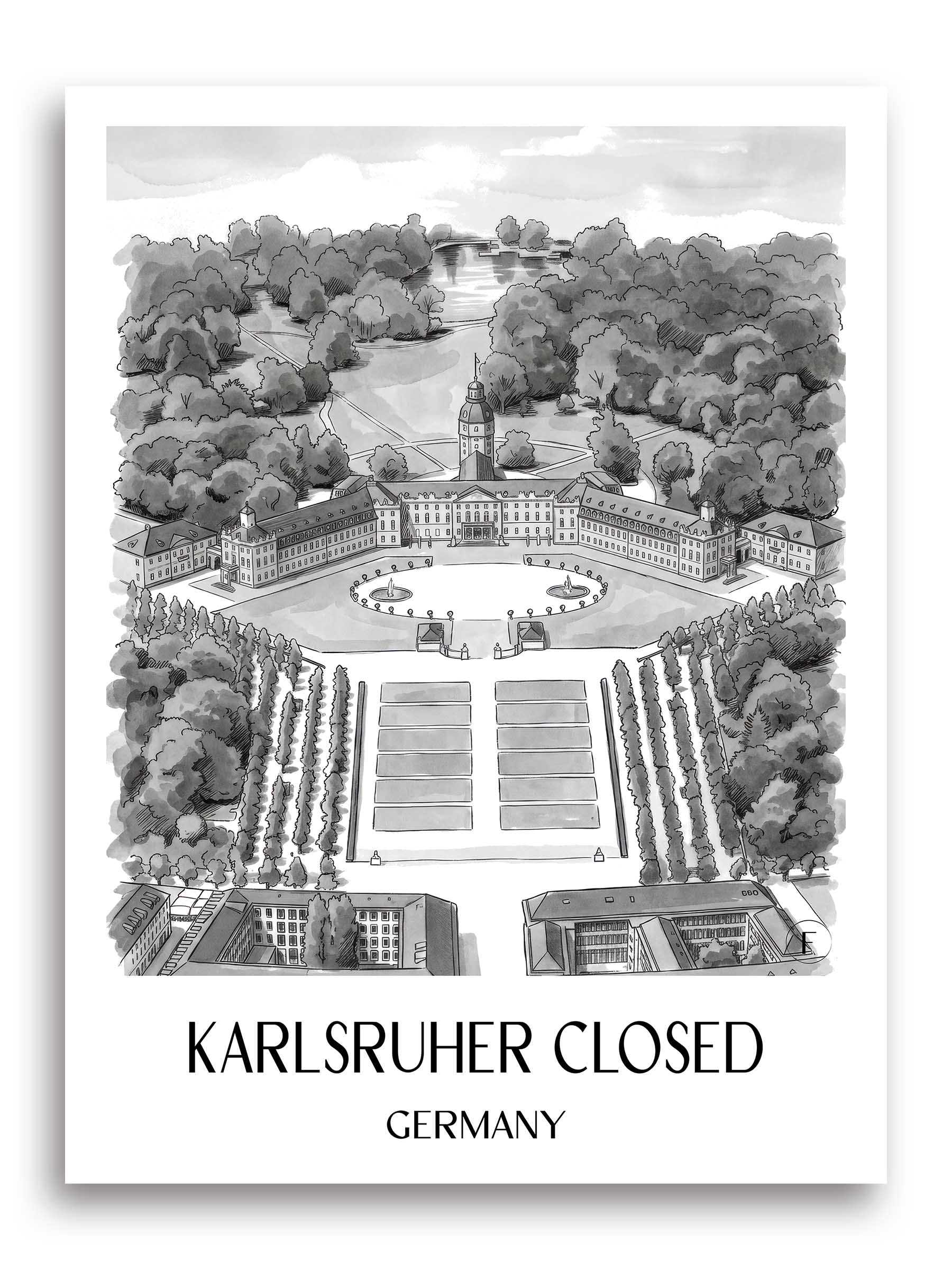 Karlsruher schloss Poster - Baden-Württemberg - Deutschland Kunstdruck - Aquarell Schwarz-Weiß von A4 bis A1