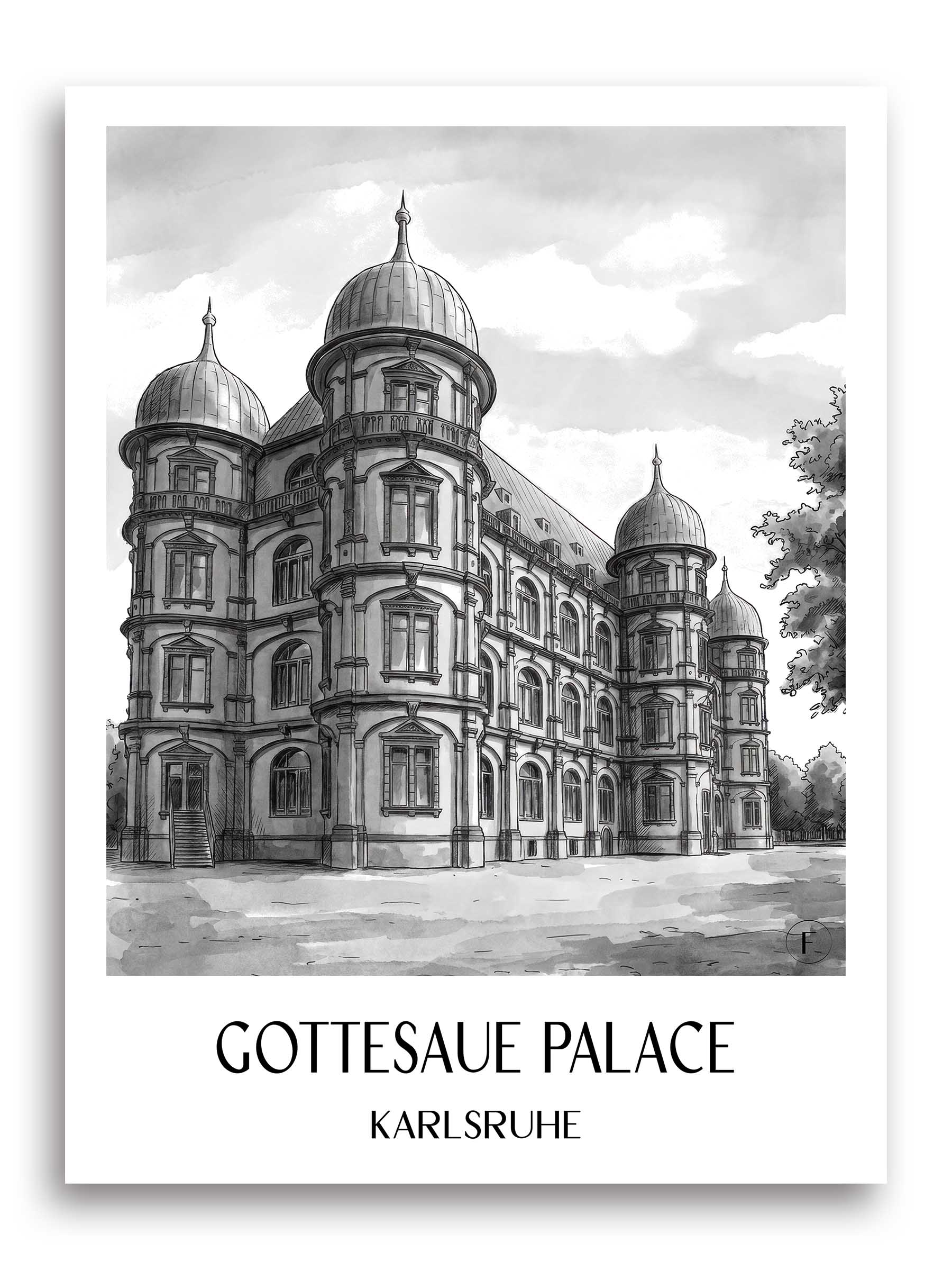 Schloss Gottesaue Poster - Karlsruhe - Deutschland Kunstdruck - Aquarell Schwarz-Weiß von A4 bis A1