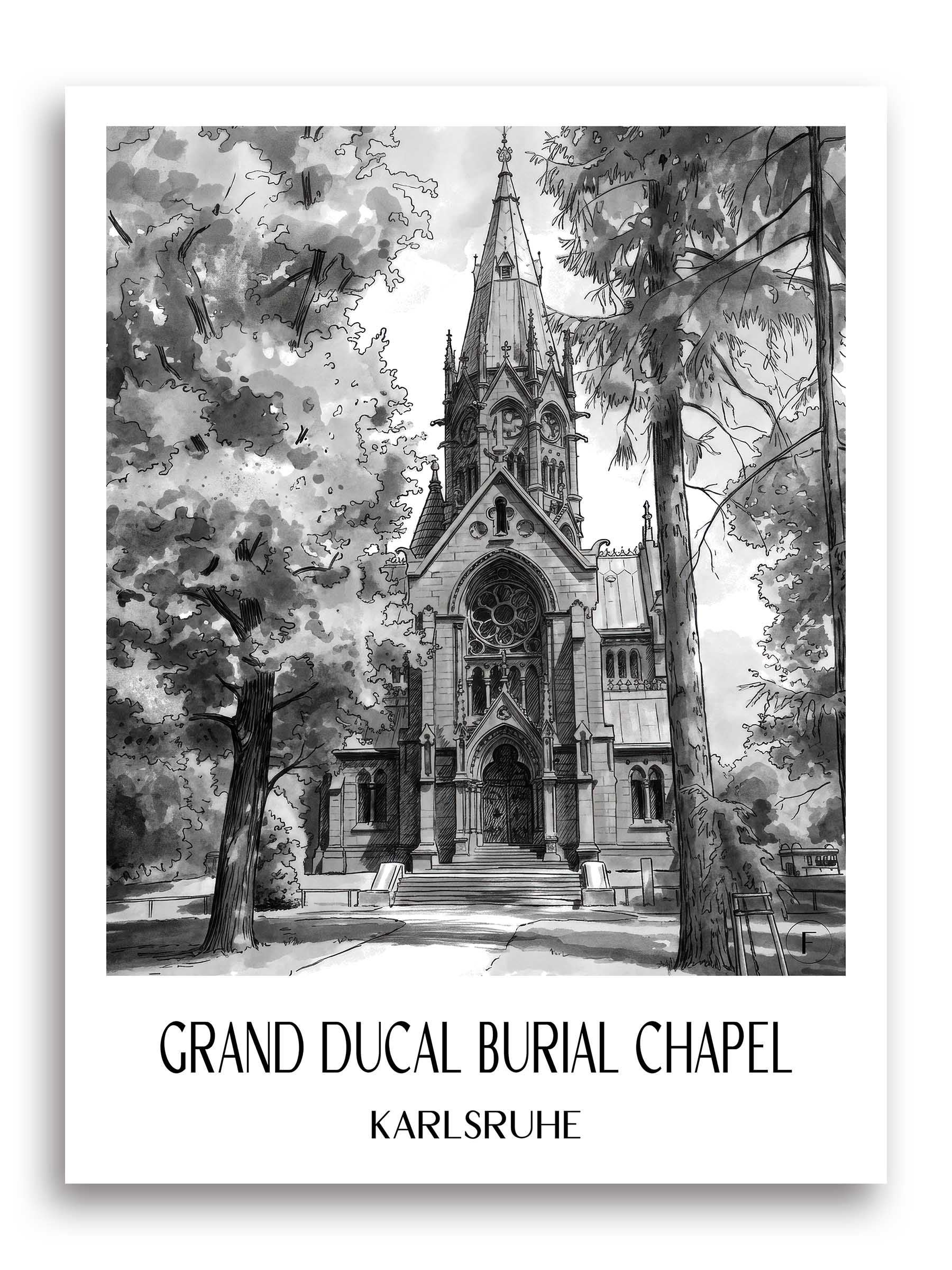 Großherzogliche Grabkapelle Poster - Karlsruhe - Deutschland Kunstdruck - Aquarell Schwarz-Weiß von A4 bis A1