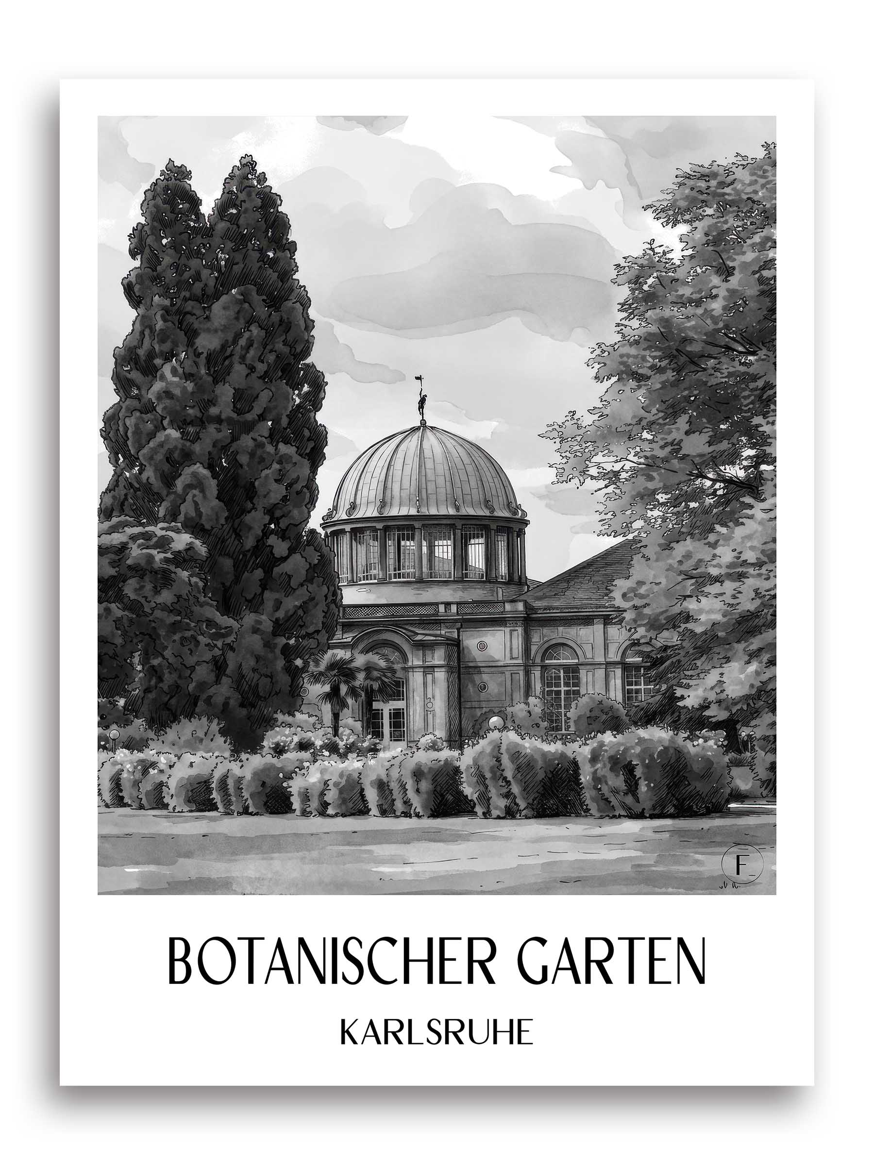 botanischer-garten-karlsruhe-deutschland-poster-aquarell-schwarz-weiss