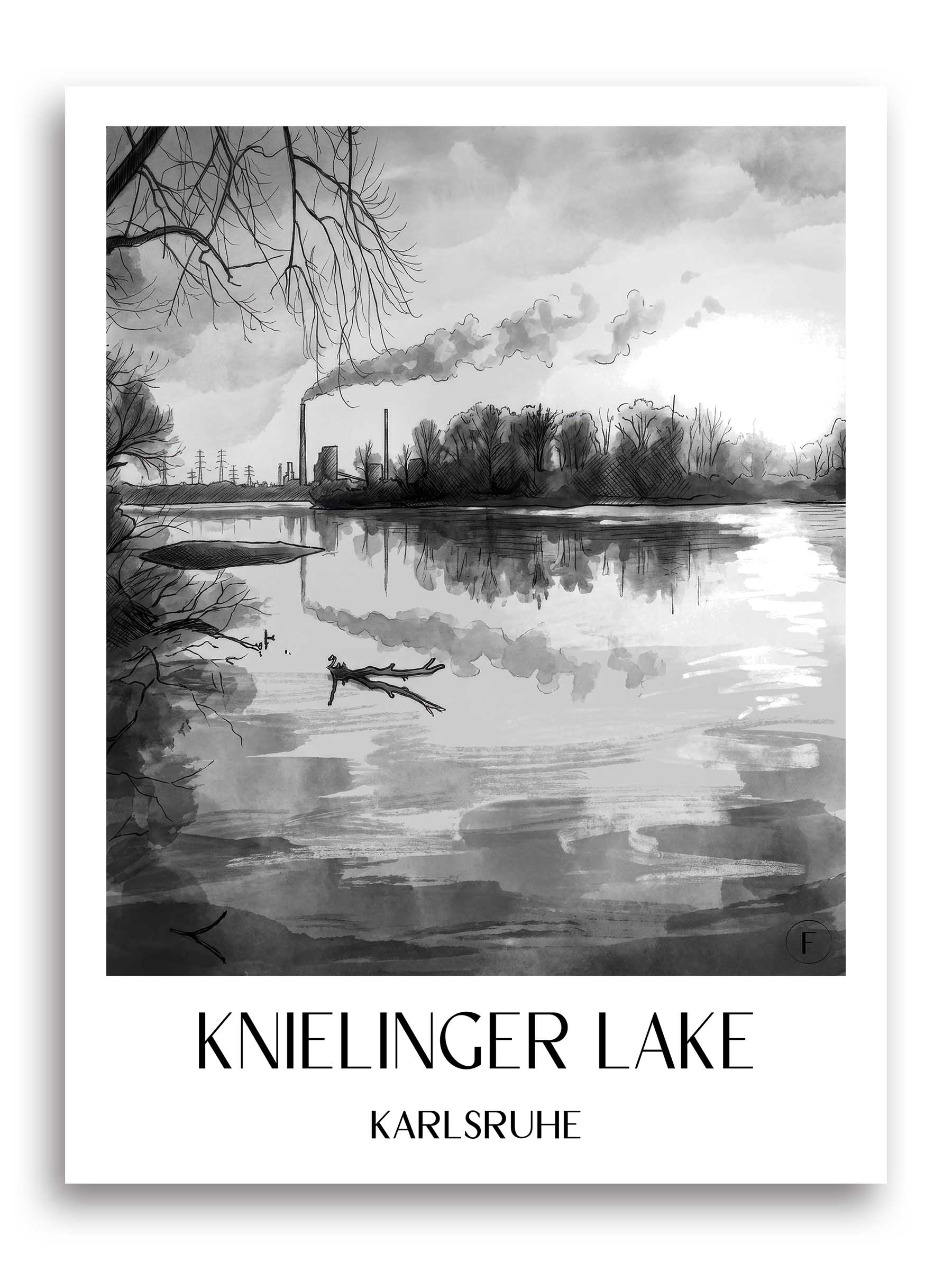 Knielinger See Poster - Karlsruhe - Deutschland Kunstdruck - Aquarell Schwarz-Weiß von A4 bis A1