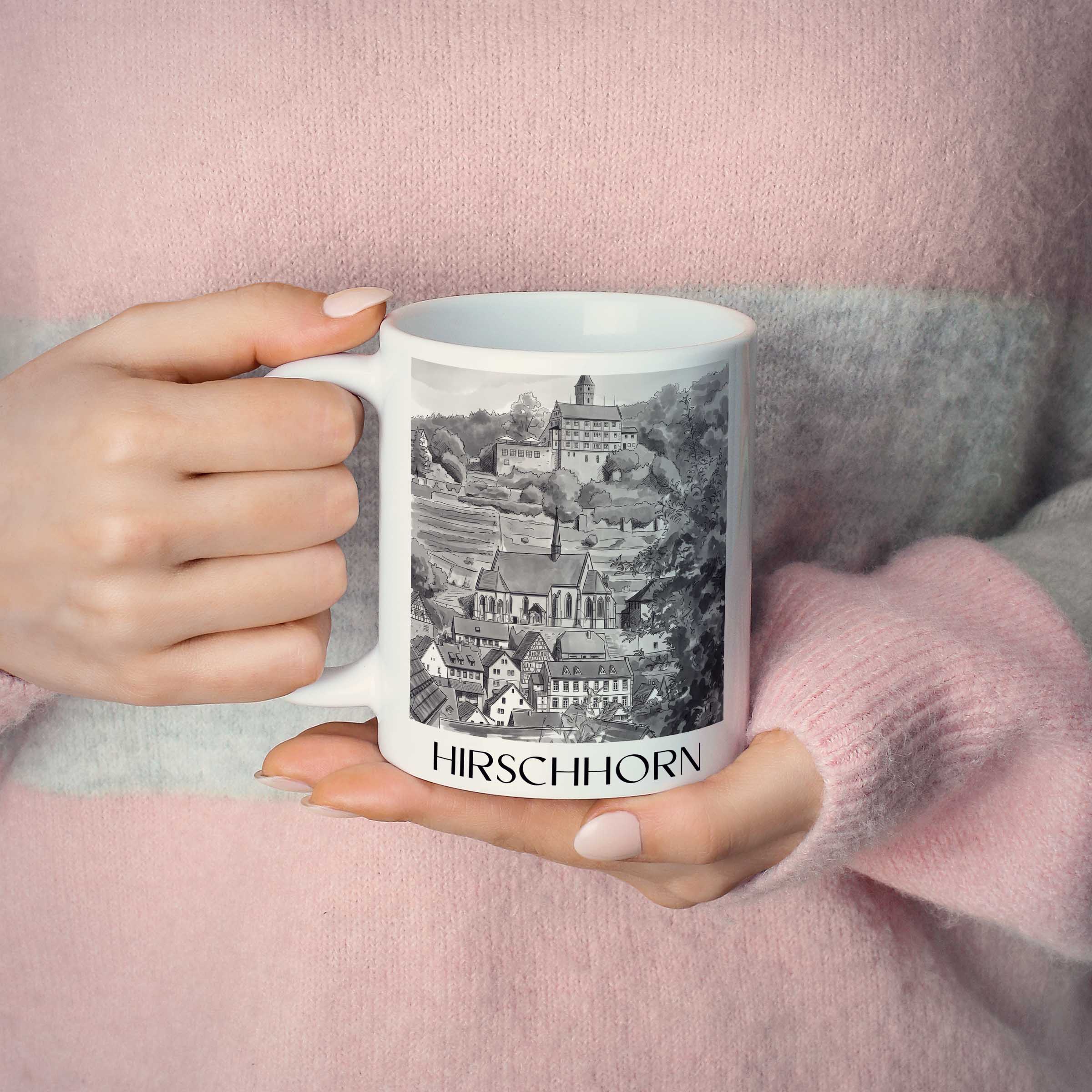 hirschhorn-odenwald-deutschland-kaffeebecher-aquarell-schwarz-weiss