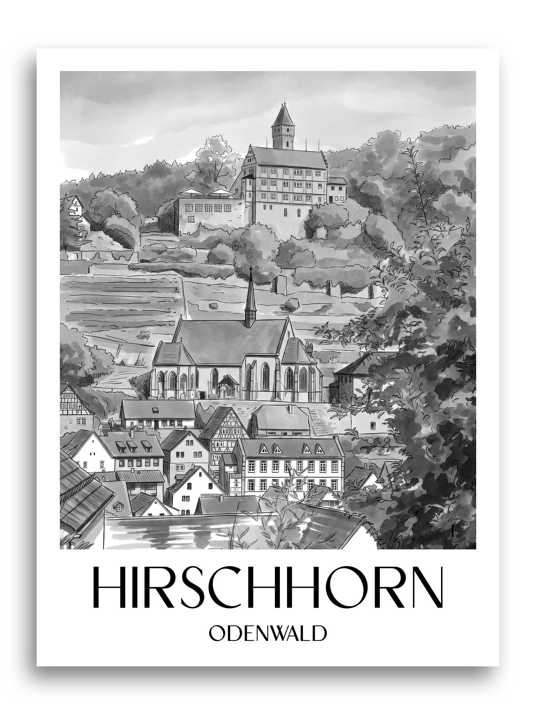 hirschhorn-odenwald-deutschland-poster-aquarell-schwarz-weiss