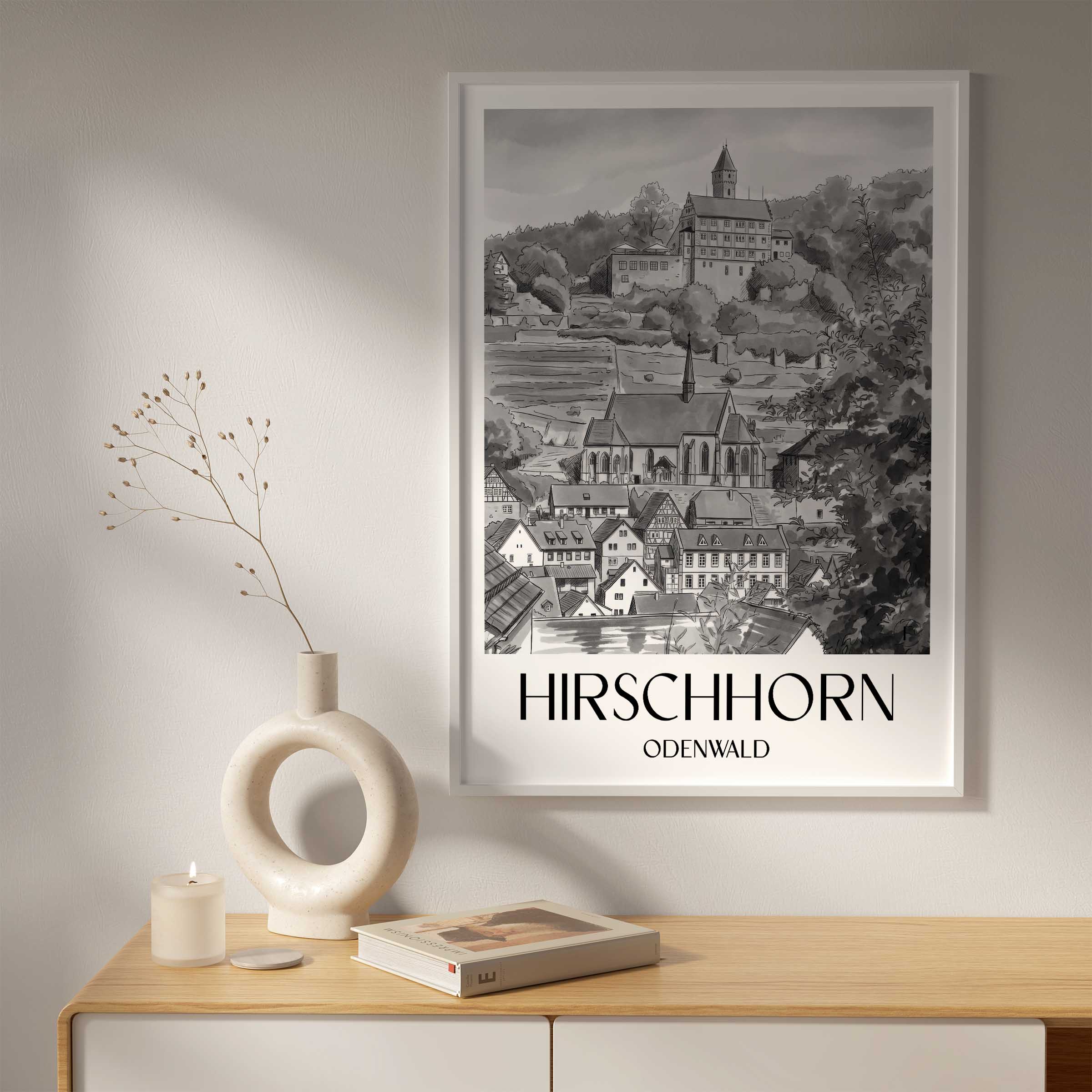 hirschhorn-odenwald-deutschland-poster-aquarell-schwarz-weiss