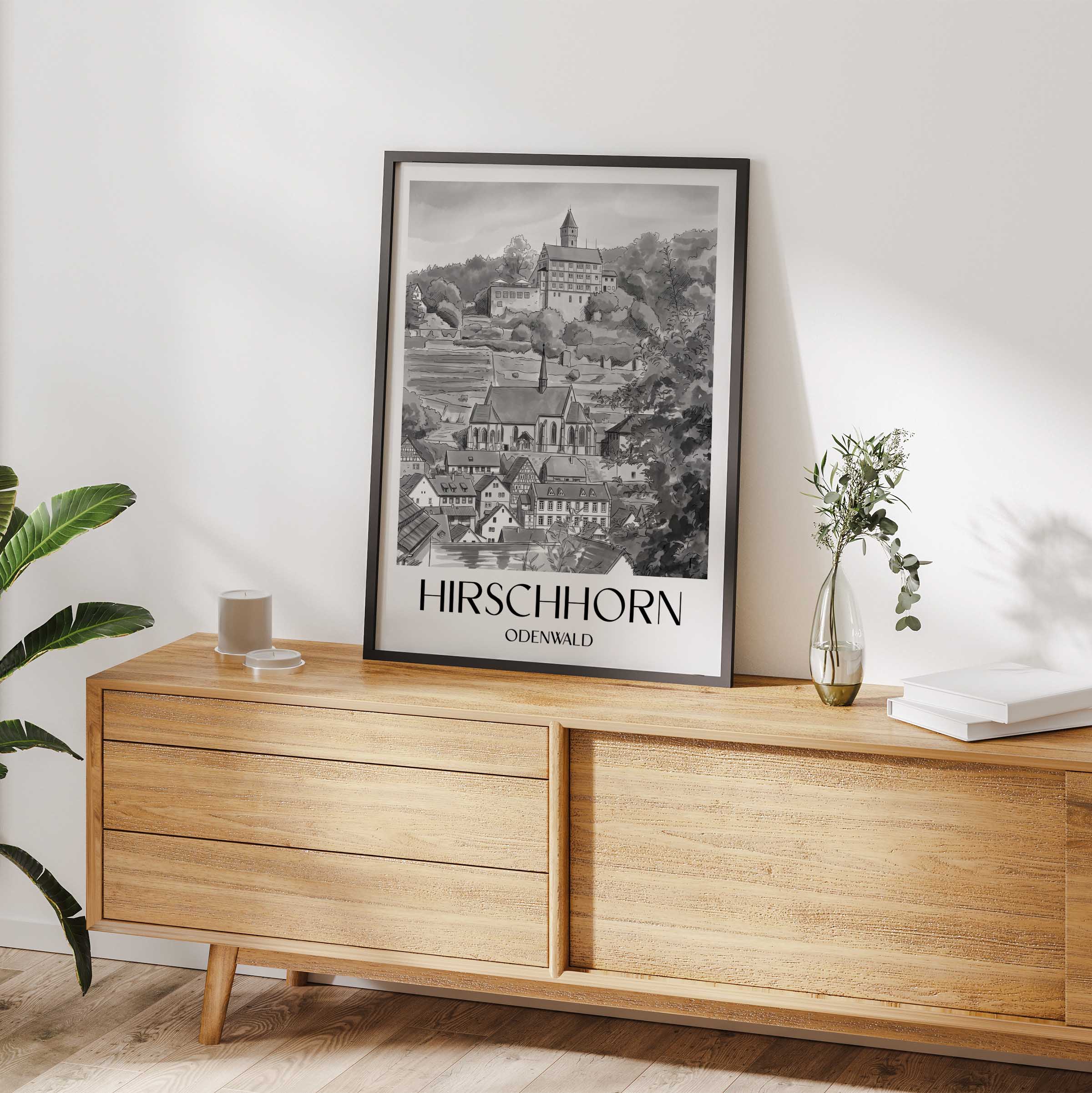 hirschhorn-odenwald-deutschland-poster-aquarell-schwarz-weiss