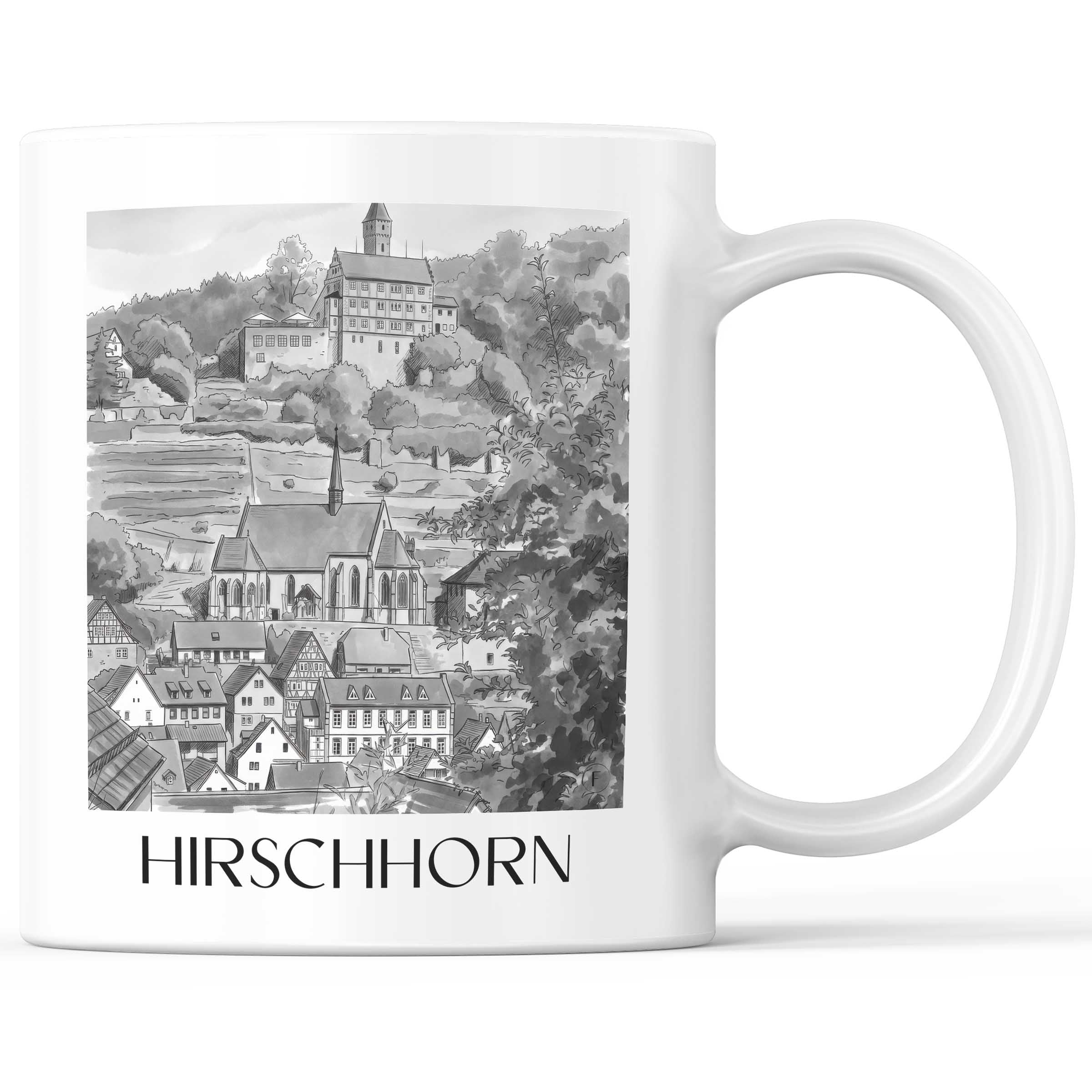 Hirschhorn Kaffeebecher - Odenwald - Deutschland Becher - Kaffeetasse im Aquarell Schwarz-Weiß Stil