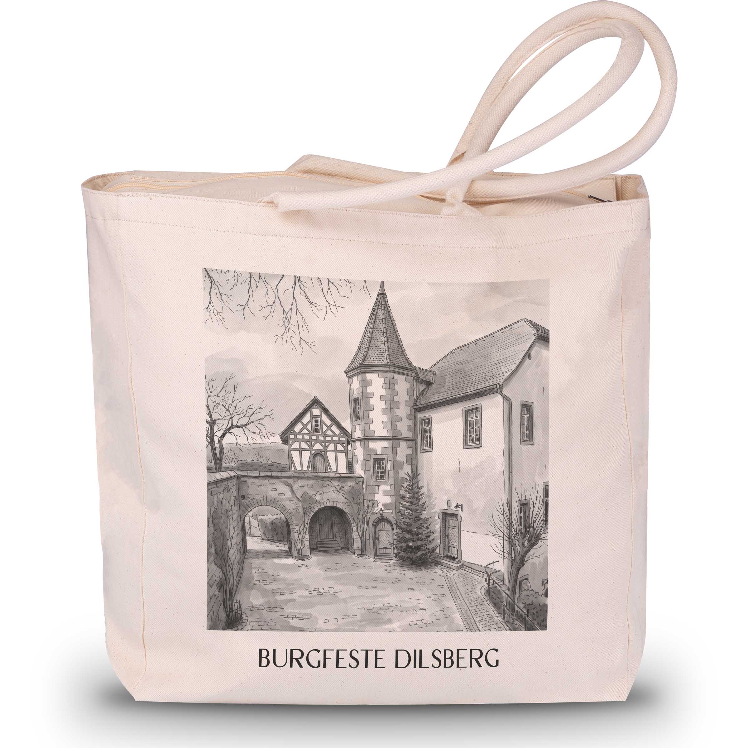 burgfeste-dilsberg-neckargmünd-deutschland-einkaufstasche-aquarell-schwarz-weiss