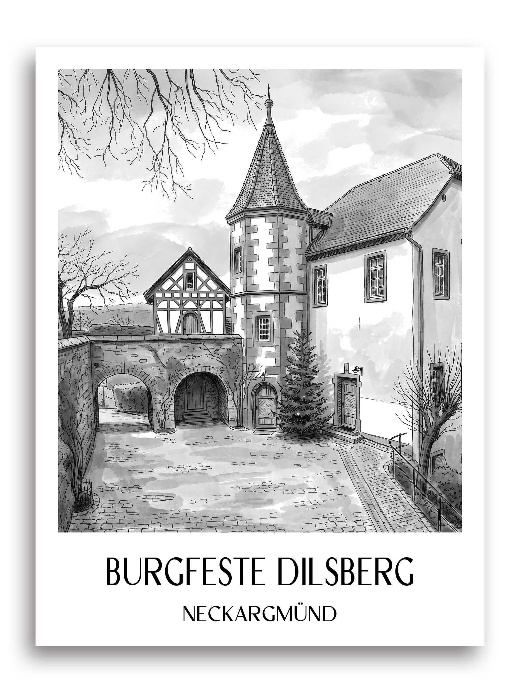 burgfeste-dilsberg-neckargmünd-deutschland-poster-aquarell-schwarz-weiss
