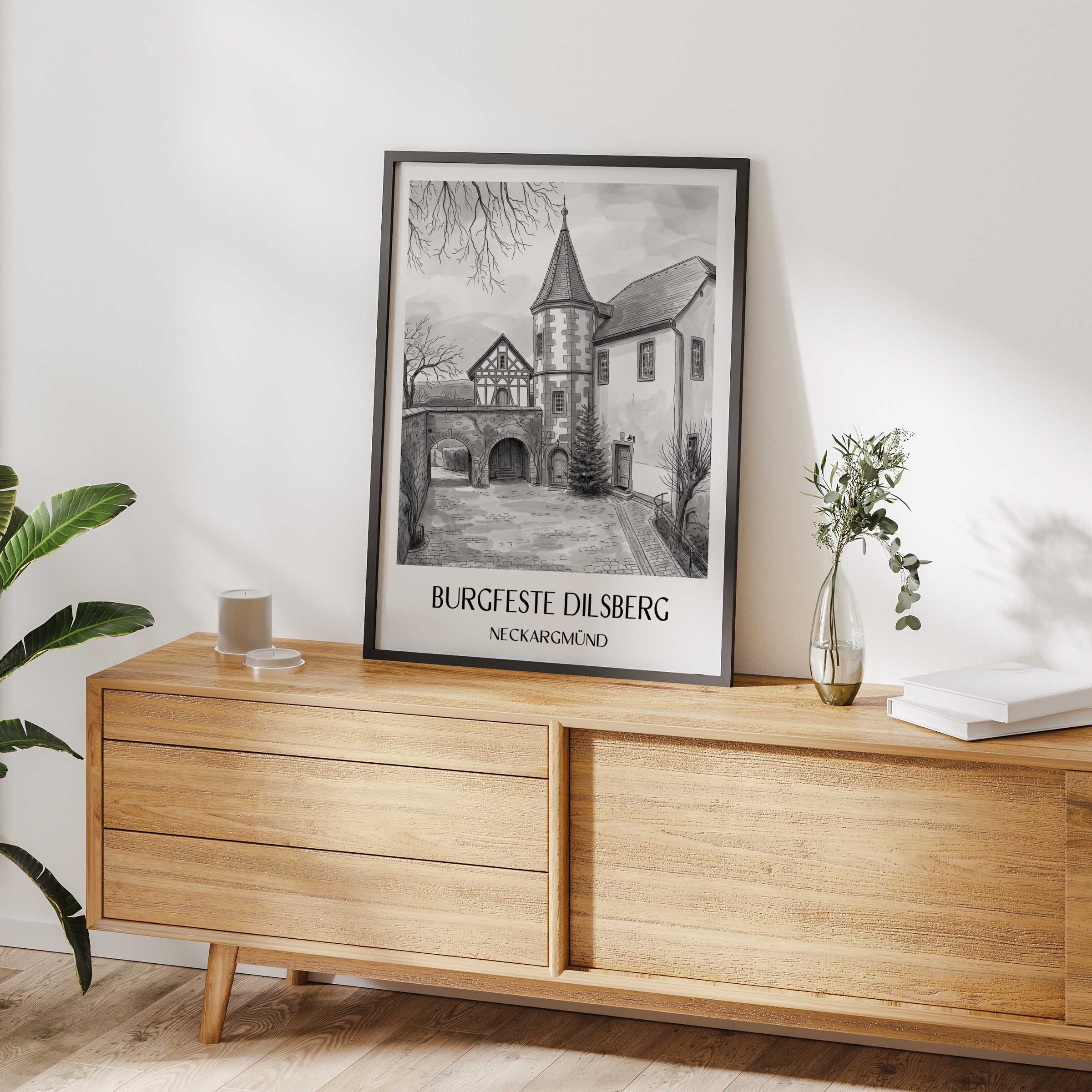 burgfeste-dilsberg-neckargmünd-deutschland-poster-aquarell-schwarz-weiss