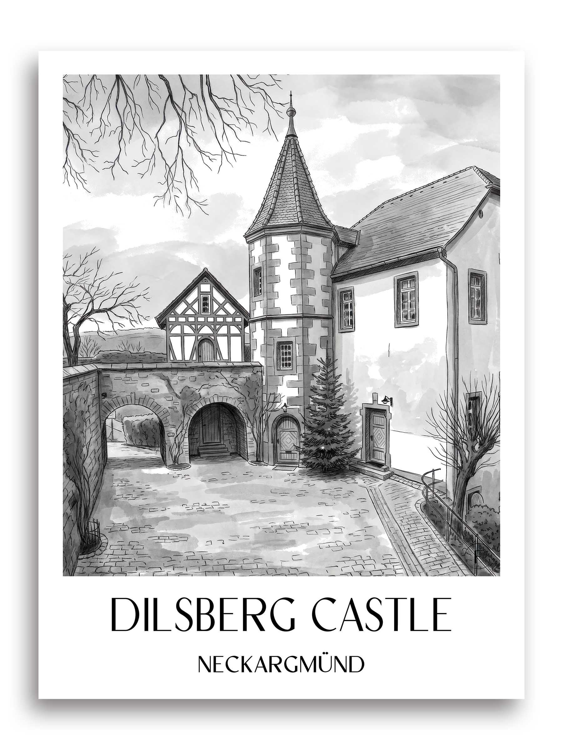 Burgfeste Dilsberg Poster - Neckargmünd - Deutschland Kunstdruck - Aquarell Schwarz-Weiß von A4 bis A1