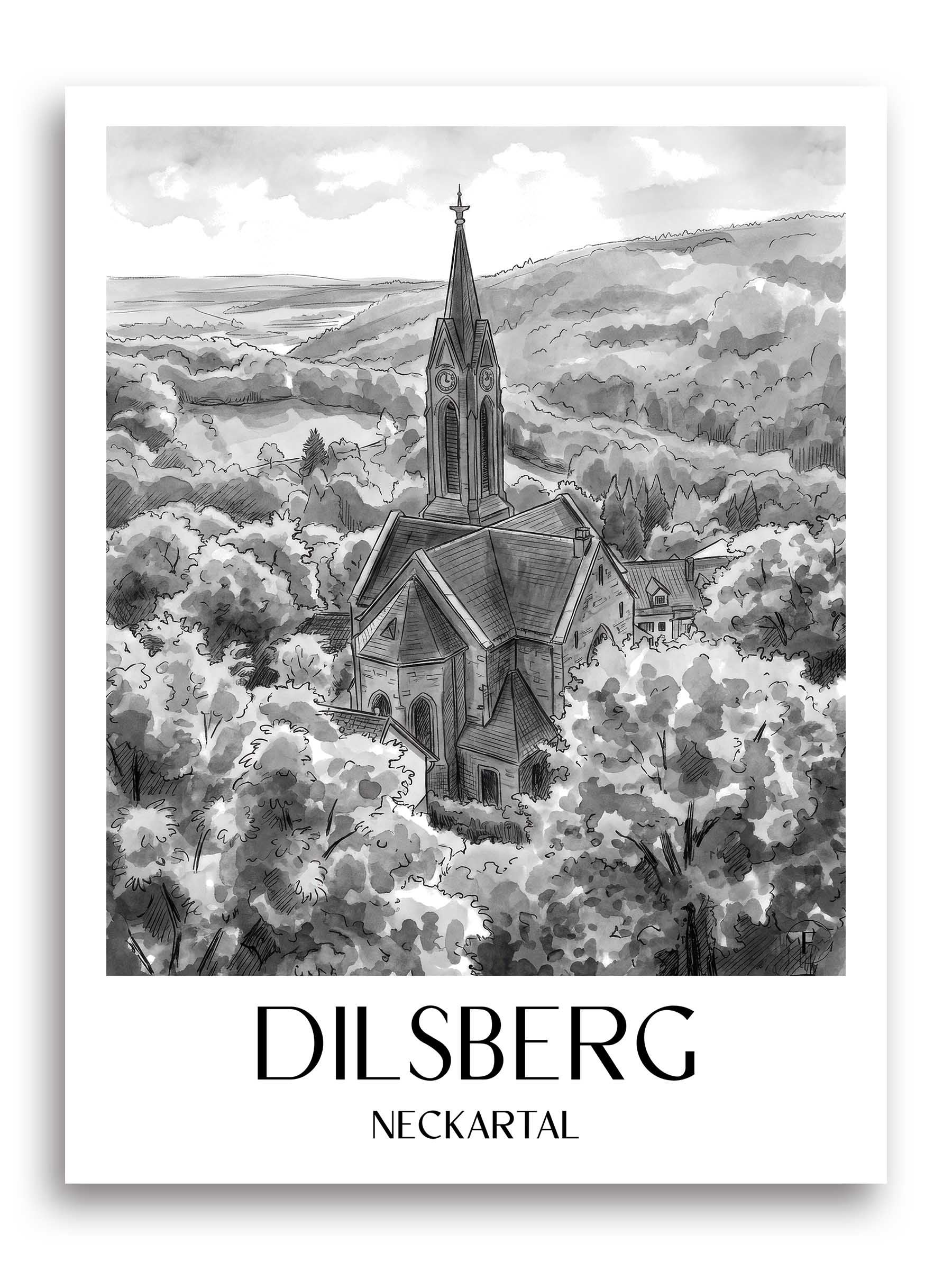 dilsberg-neckartal-deutschland-poster-aquarell-schwarz-weiss