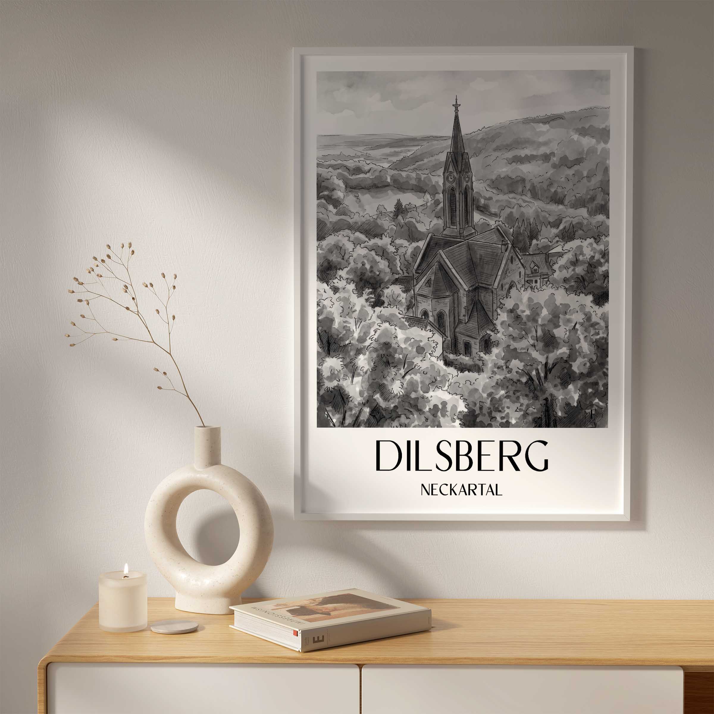 dilsberg-neckartal-deutschland-poster-aquarell-schwarz-weiss