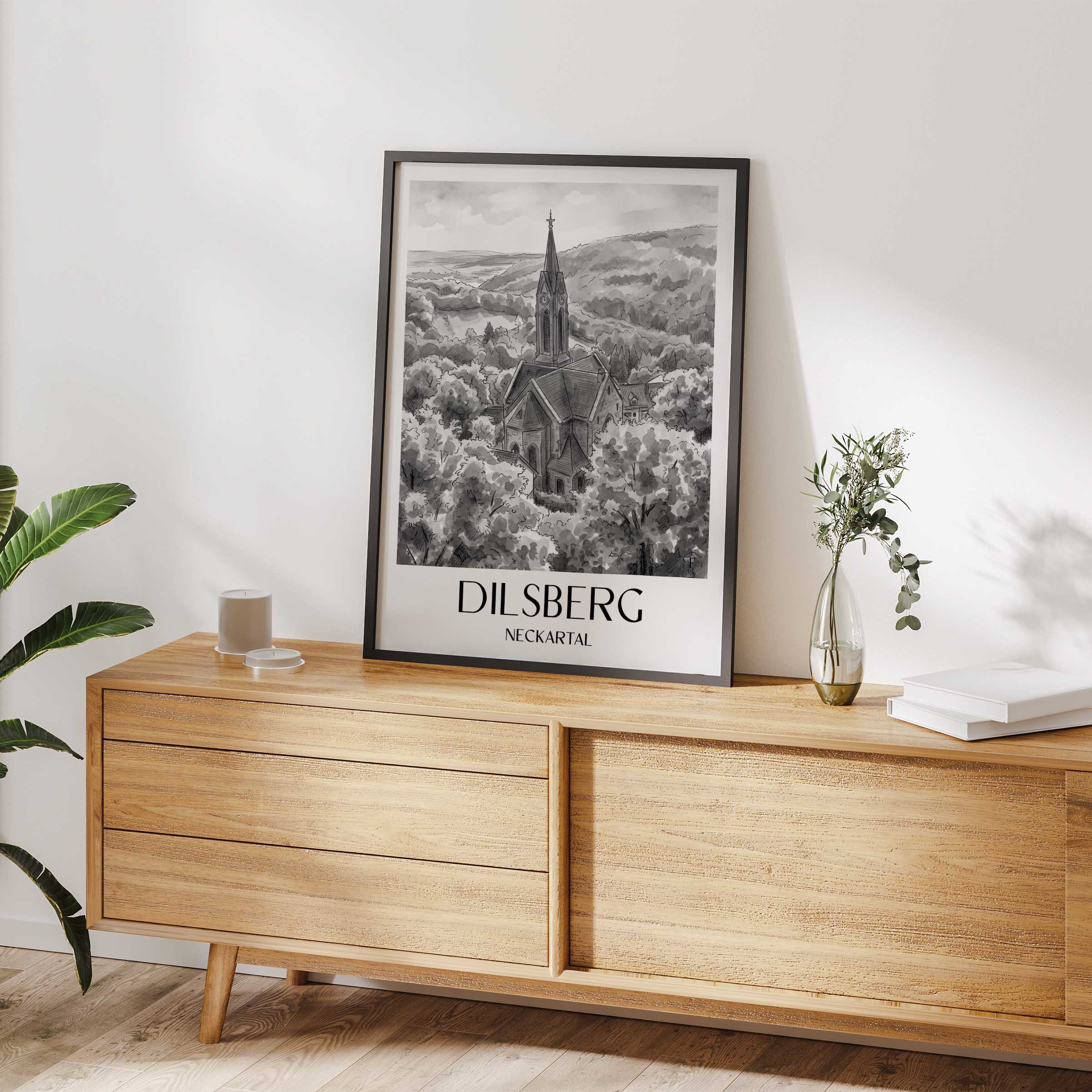 dilsberg-neckartal-deutschland-poster-aquarell-schwarz-weiss