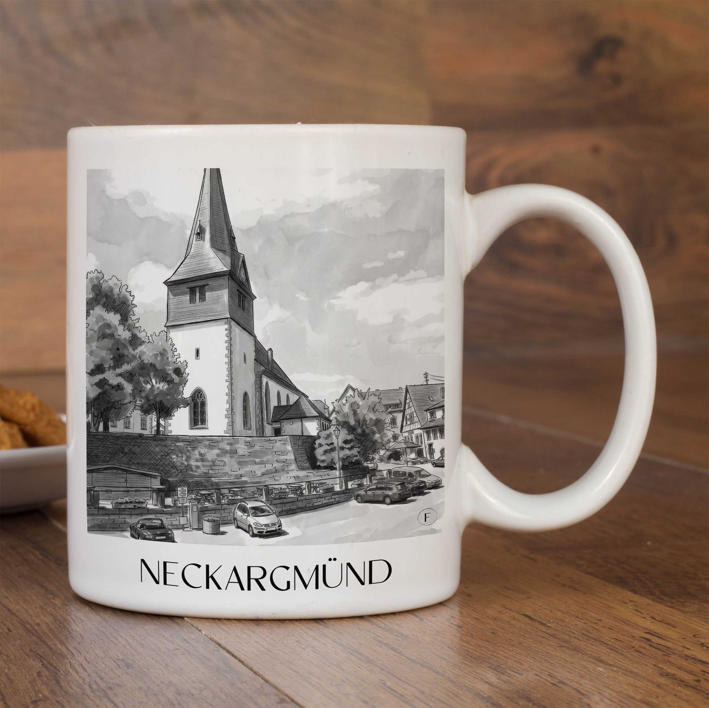 neckargmünd-neckartal-deutschland-kaffeebecher-aquarell-schwarz-weiss