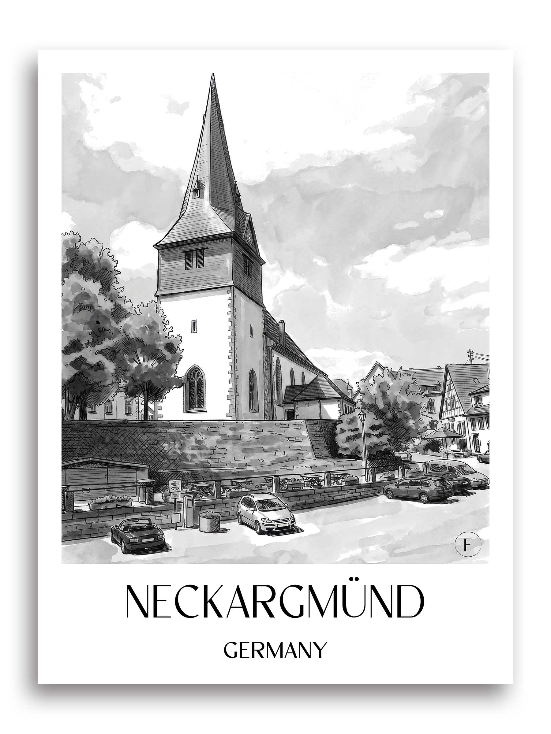 Neckargmünd Poster - Neckartal - Deutschland Kunstdruck - Aquarell Schwarz-Weiß von A4 bis A1