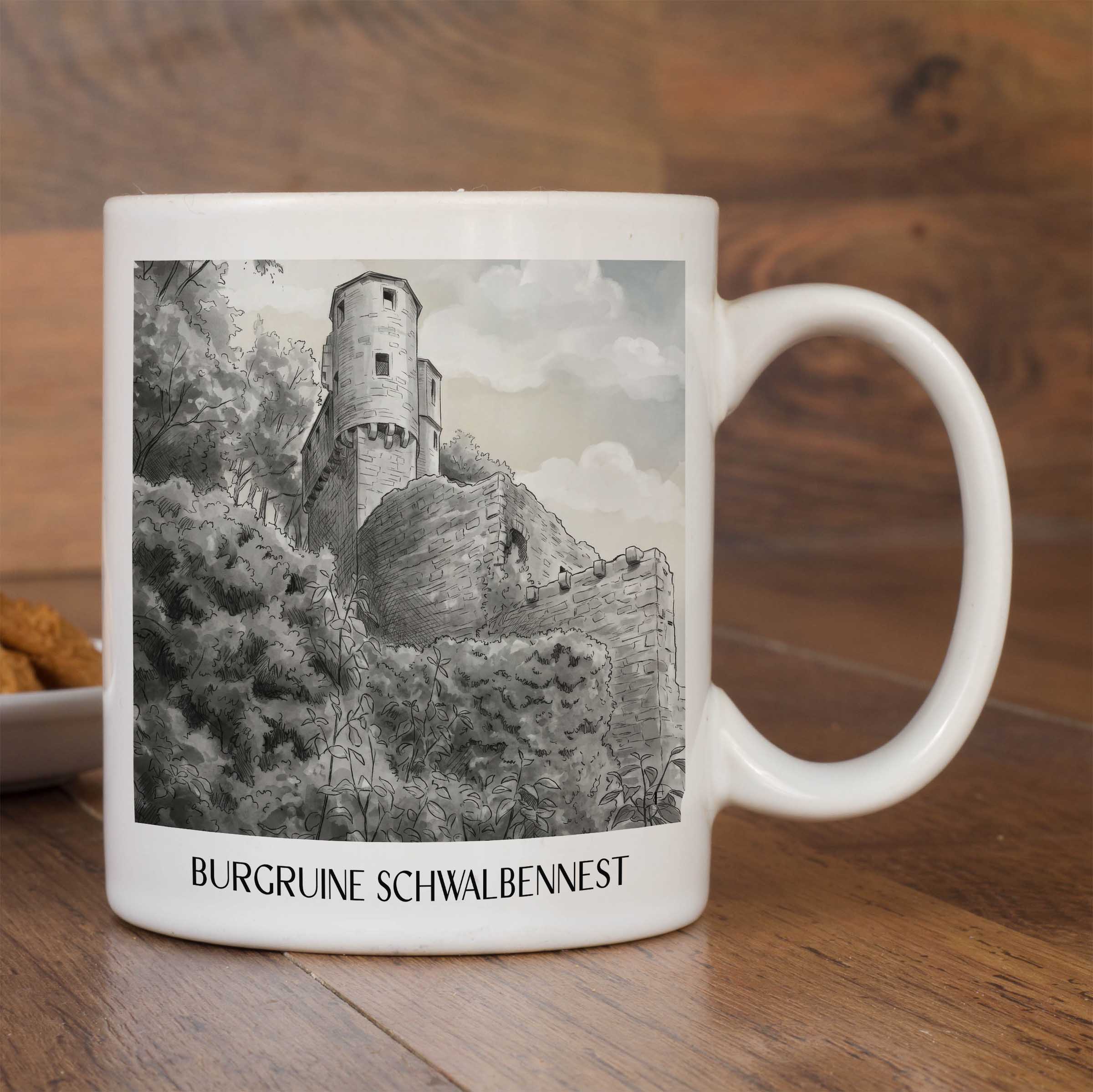 burgruine-schwalbennest-neckarsteinnach-deutschland-kaffeebecher-aquarell-schwarz-weiss