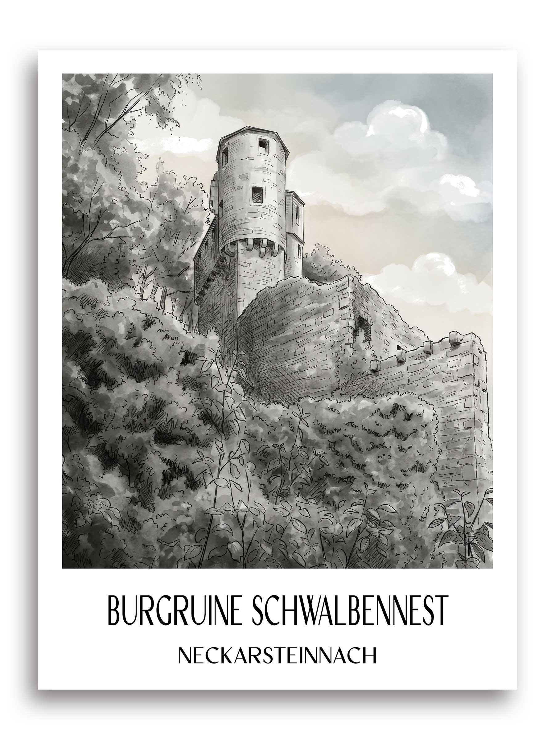 burgruine-schwalbennest-neckarsteinnach-deutschland-poster-aquarell-schwarz-weiss