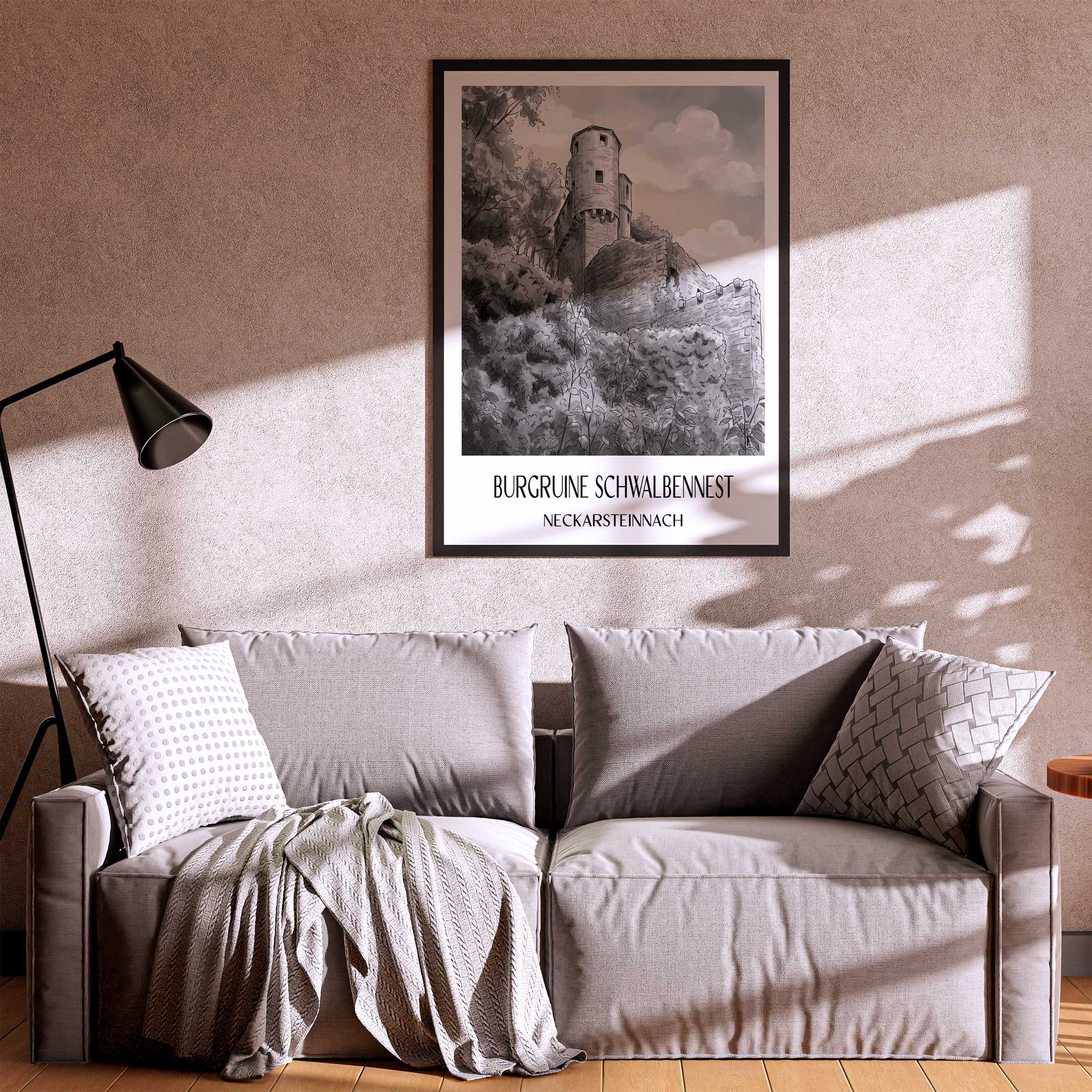 burgruine-schwalbennest-neckarsteinnach-deutschland-poster-aquarell-schwarz-weiss