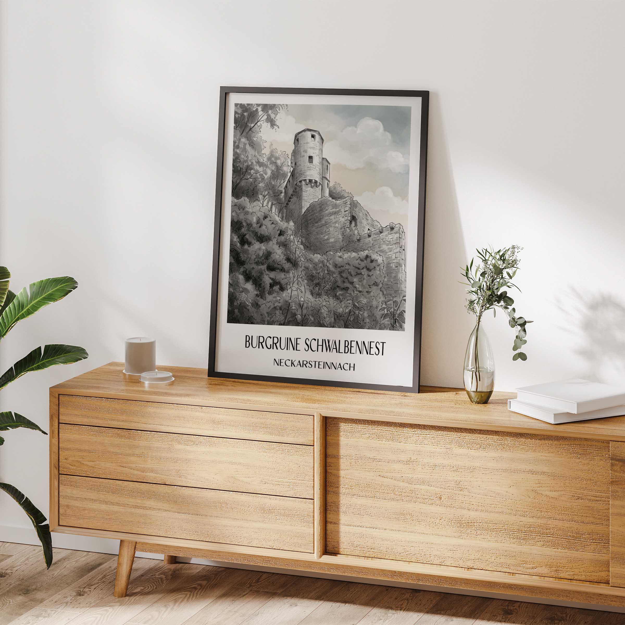 burgruine-schwalbennest-neckarsteinnach-deutschland-poster-aquarell-schwarz-weiss