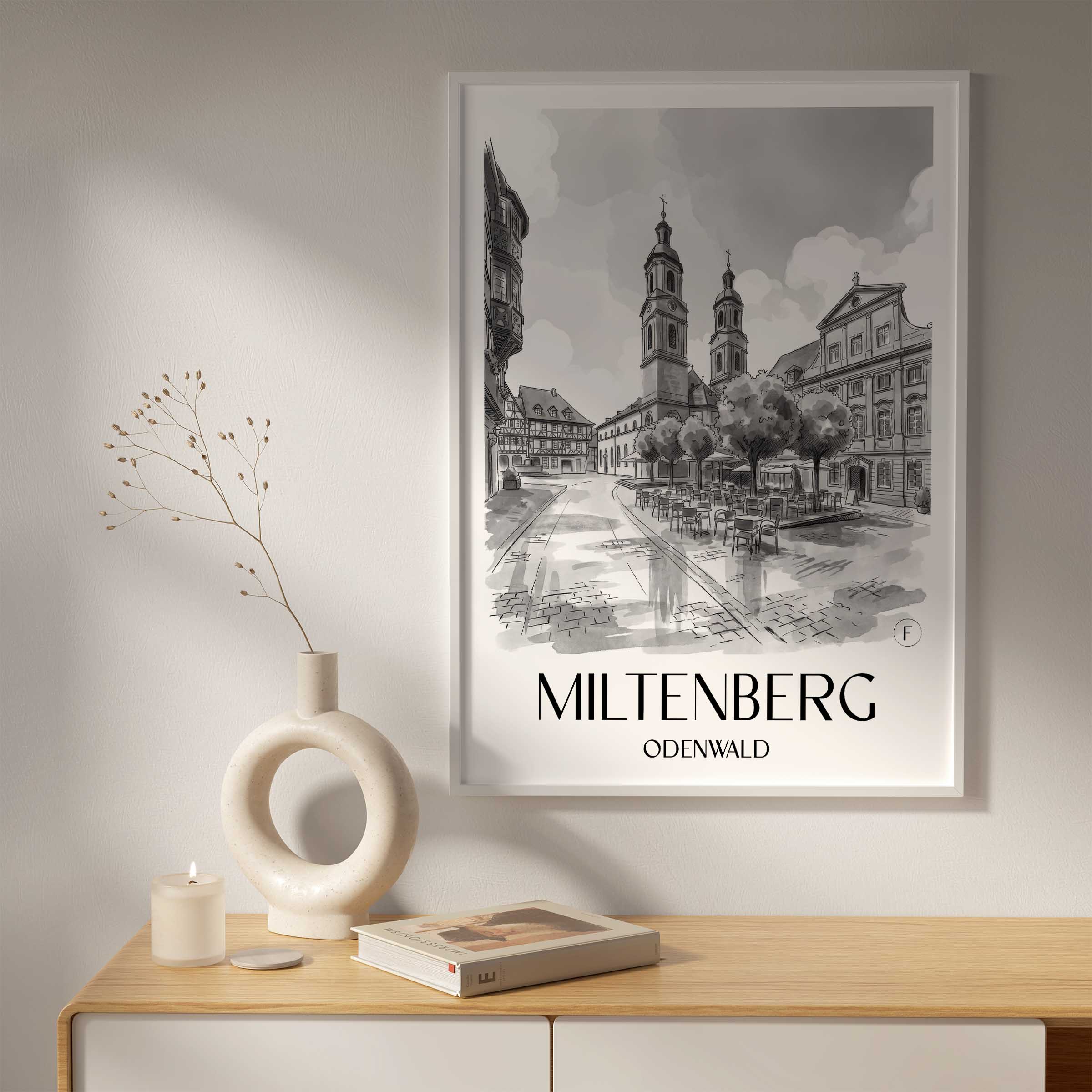 miltenberg-odenwald-deutschland-poster-aquarell-schwarz-weiss