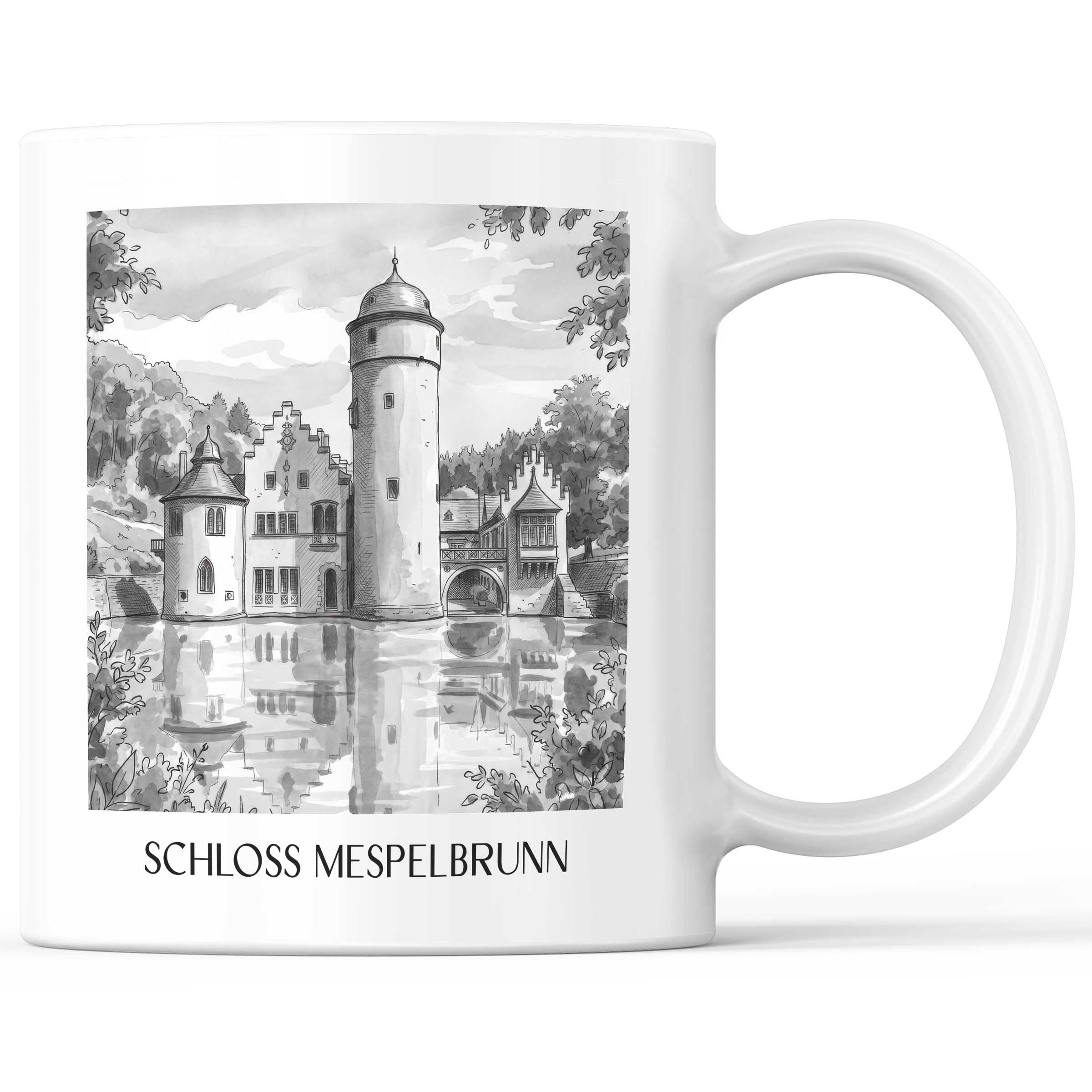 schloss-mespelbrunn-spessart-deutschland-kaffeebecher-aquarell-schwarz-weiss
