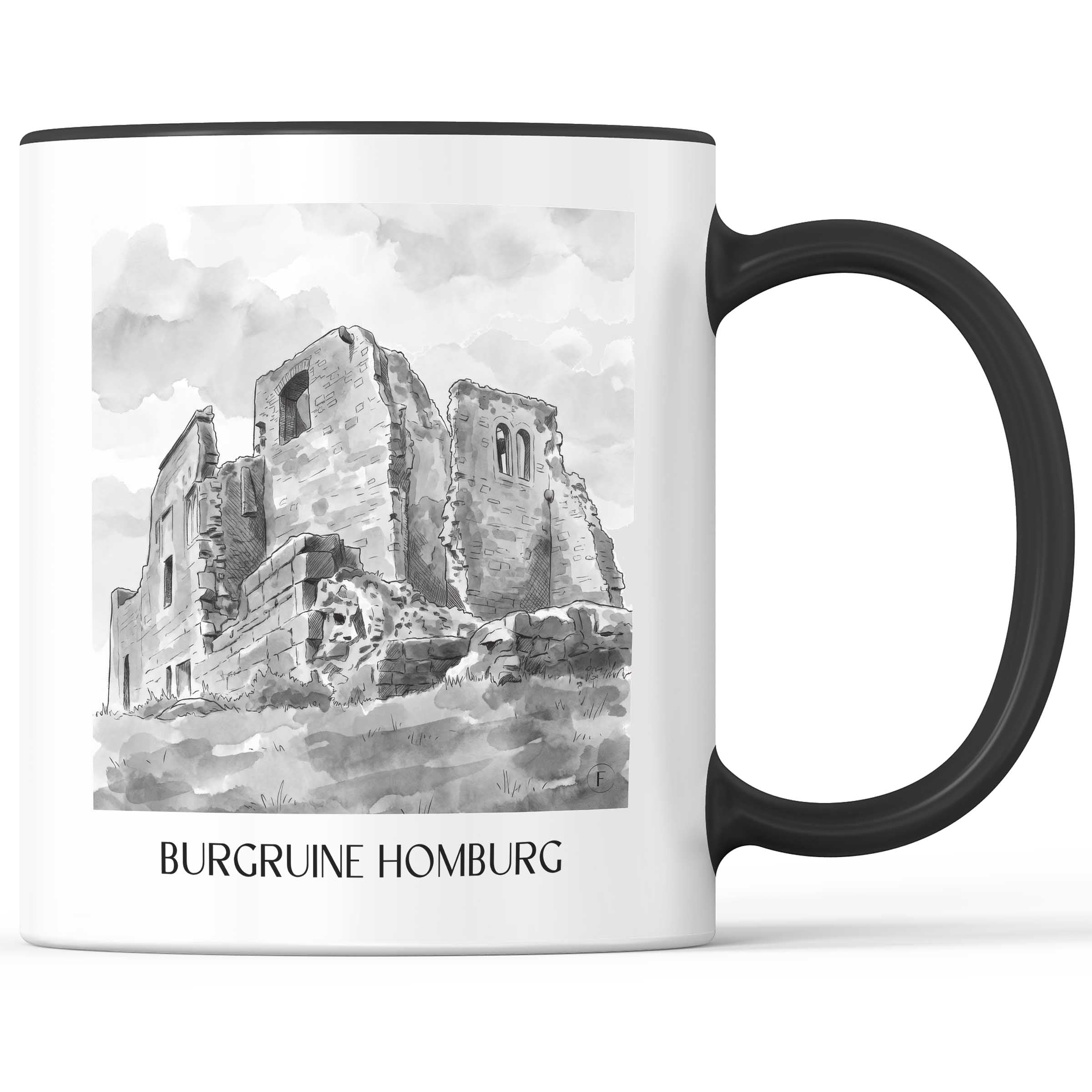 burgruine-homburg-spessart-deutschland-kaffeebecher-aquarell-schwarz-weiss